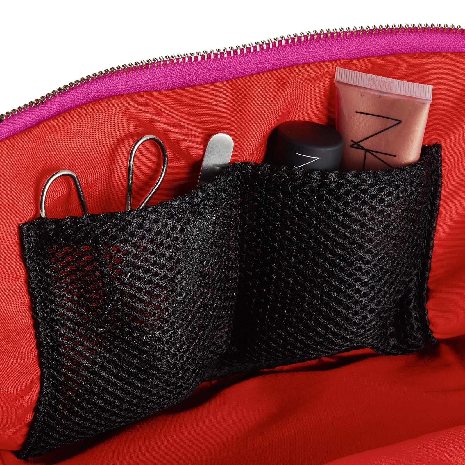color: Bubble Gum Pink Fabric with Orange interior; alt: Vacationer Large Makeup Bag | KUSSHI