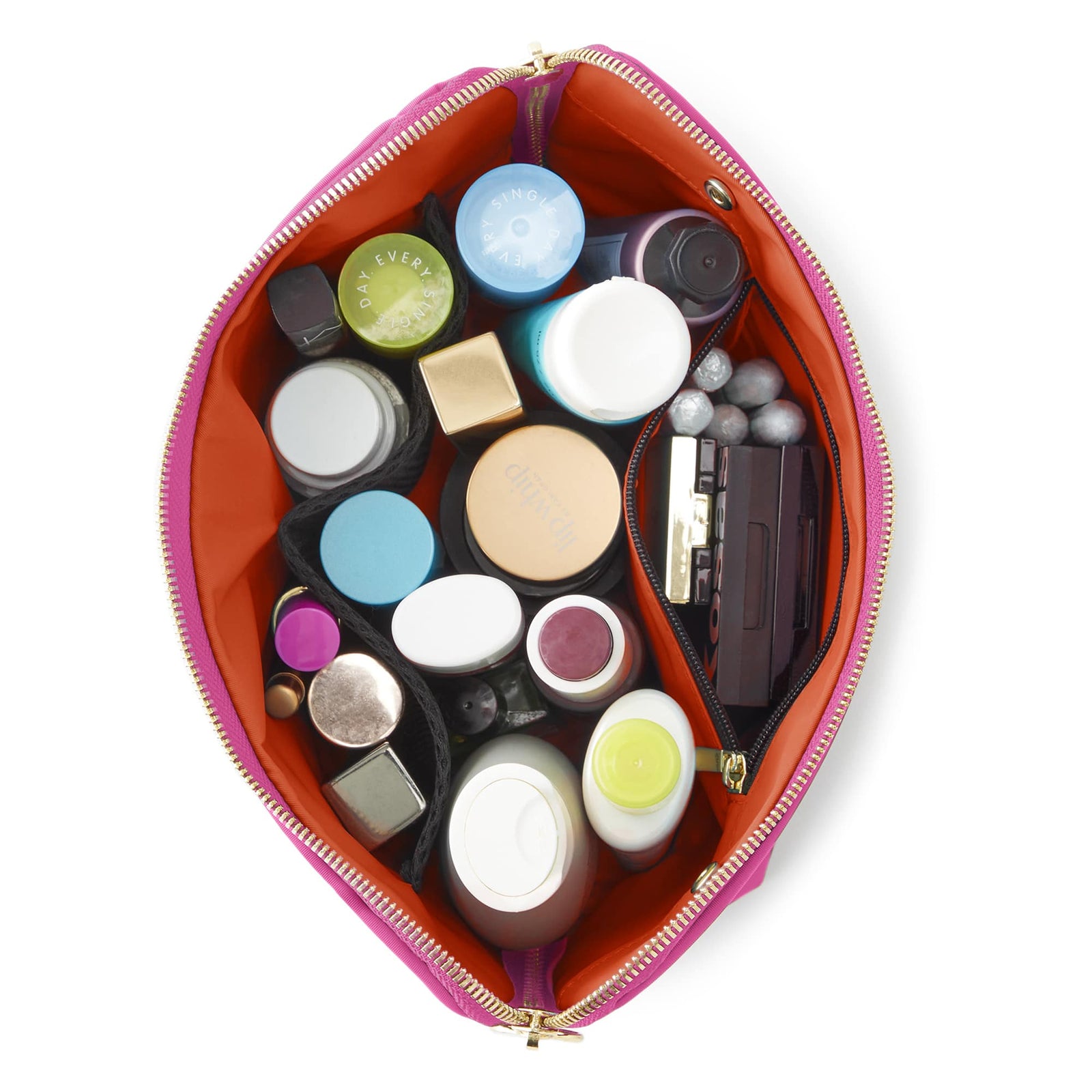 color: Bubble Gum Pink Fabric with Orange interior; alt: Signature Medium Makeup Bag | KUSSHI