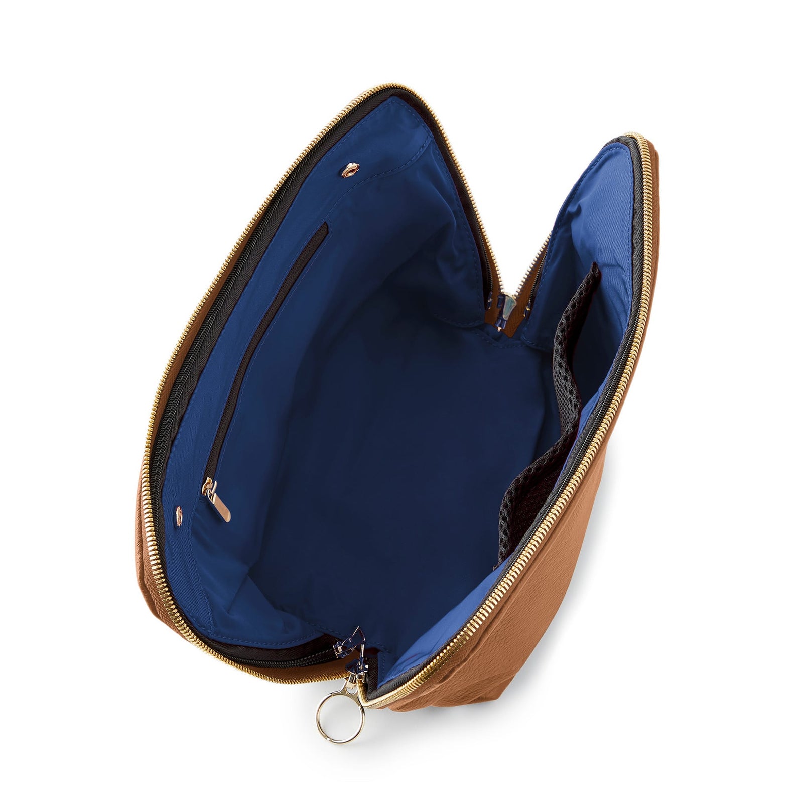color: Camel Leather with Light Navy Interior; alt: Signature Medium Size Makeup Bag | KUSSHI