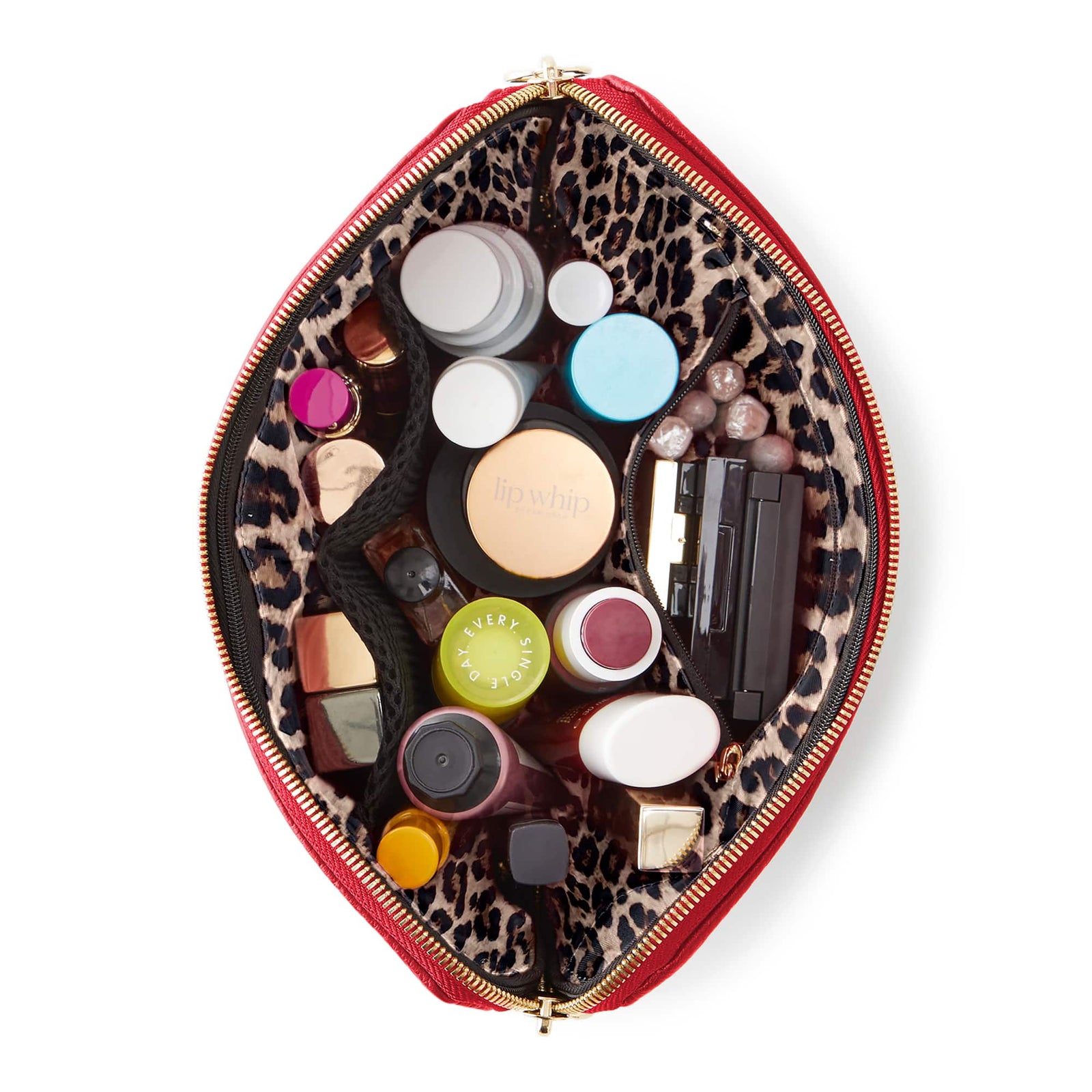 color: Red Leather with Leopard Interior; alt: Signature Medium Size Makeup Bag | KUSSHI
