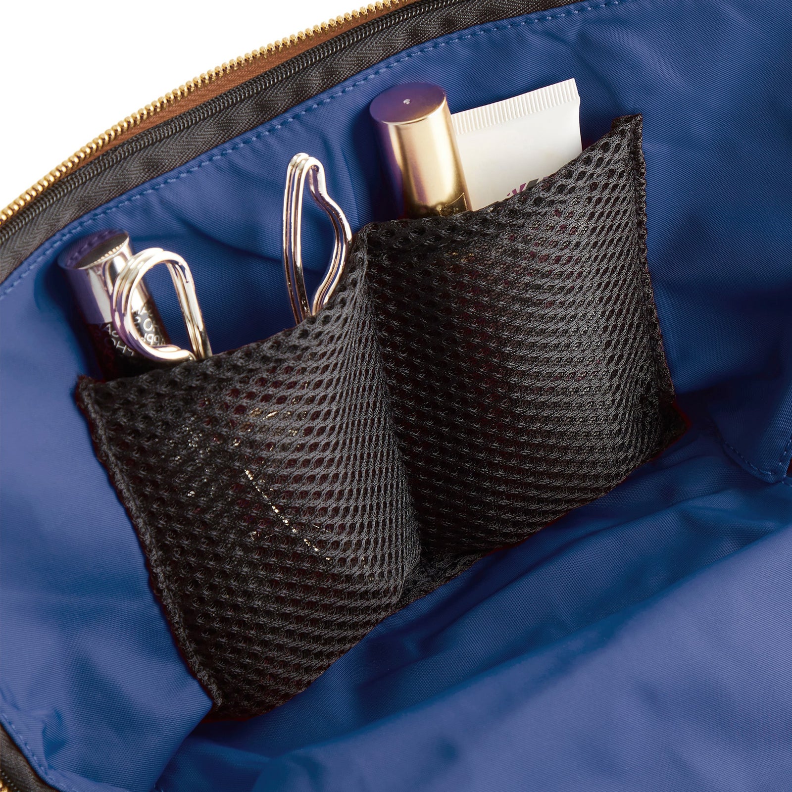 color: Camel Leather with Light Navy Interior; alt: Signature Medium Size Makeup Bag | KUSSHI