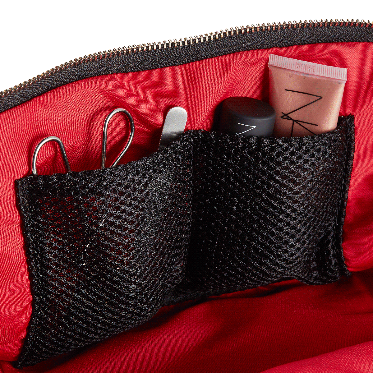 color: Satin Black Fabric with Red Interior; alt: Vacationer Large Size Makeup Bag | KUSSHI
