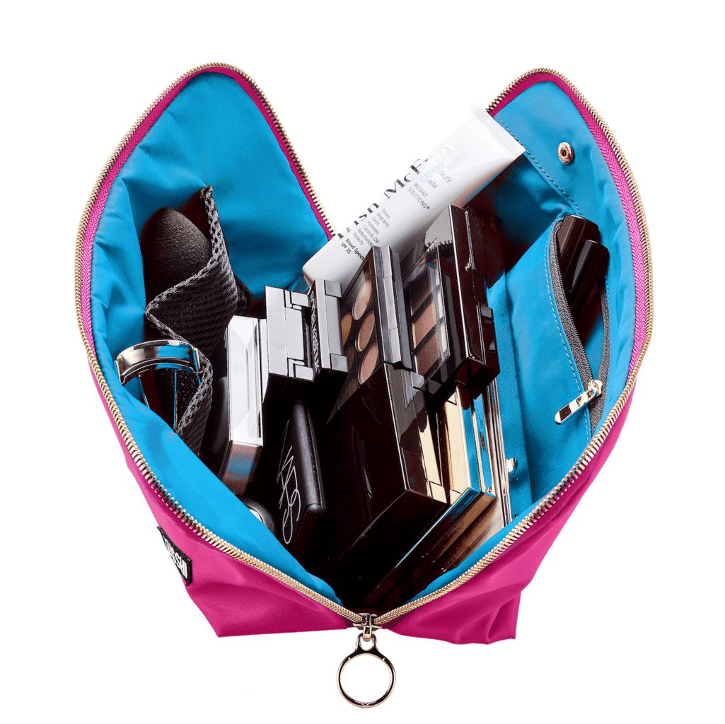 color: Pink Fabric with Teal Interior; alt: Vacationer Large Size Makeup Bag | KUSSHI