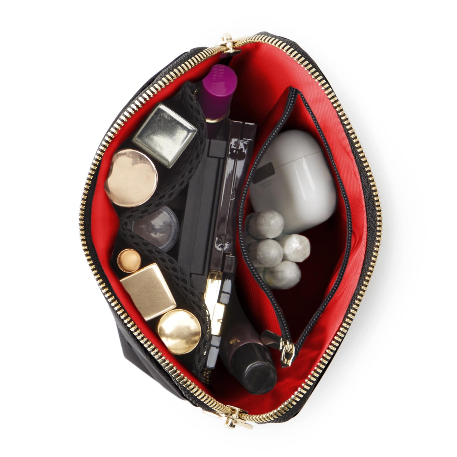 color: Satin Black Fabric with Red Interior; alt: Everyday Small Size Makeup Bag | KUSSHI