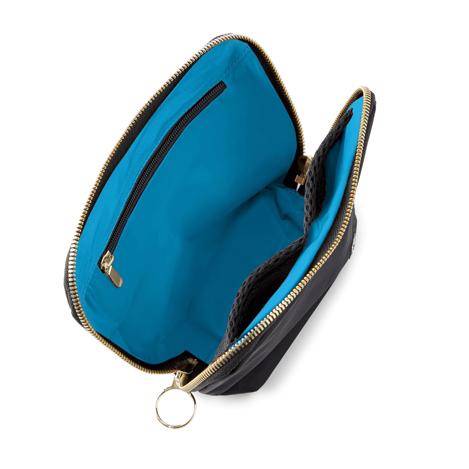 color: Satin Black Fabric with Teal Interior; alt: Everyday Small Size Makeup Bag | KUSSHI