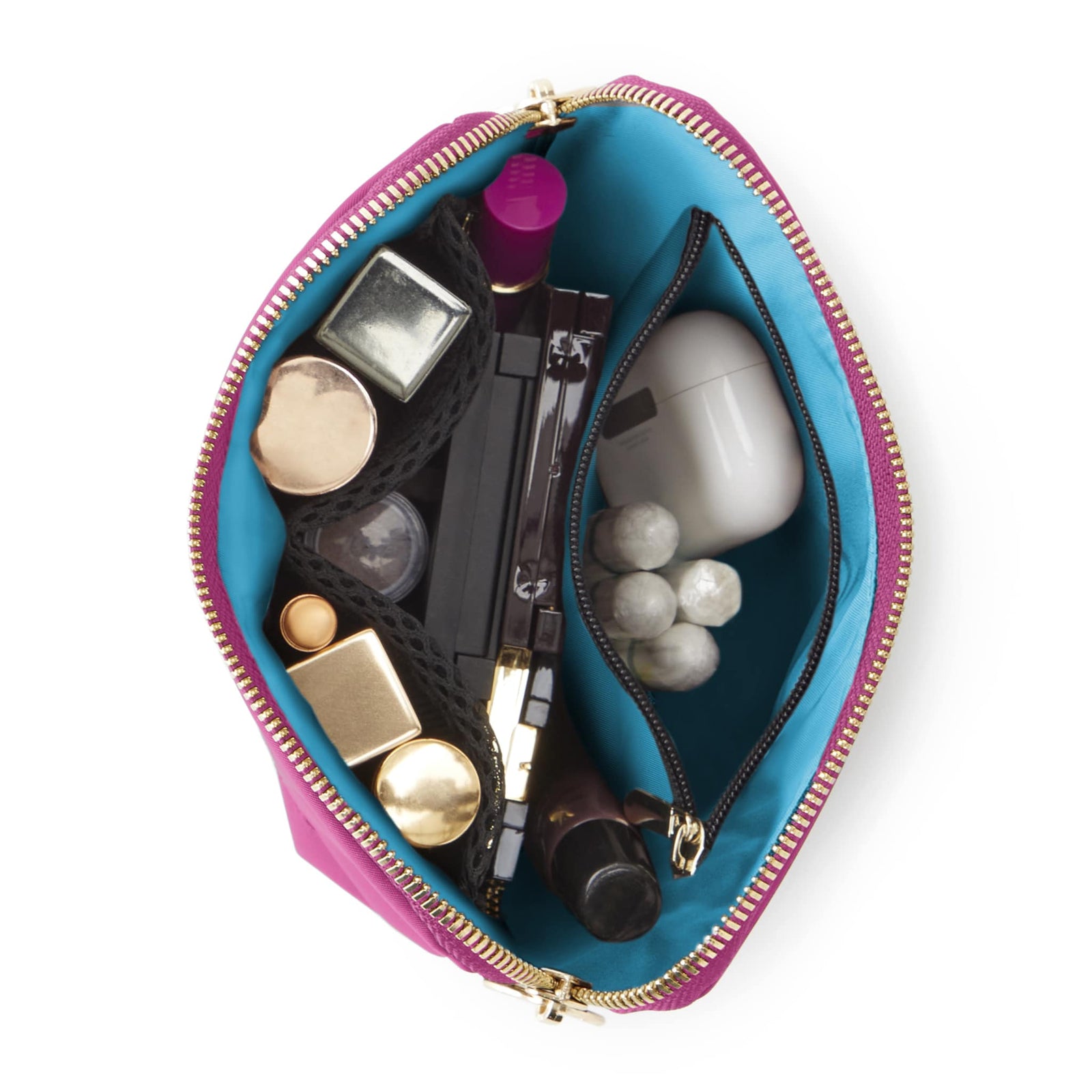 color: Pink Fabric with Teal Interior; alt: Everyday Small Size Makeup Bag | KUSSHI