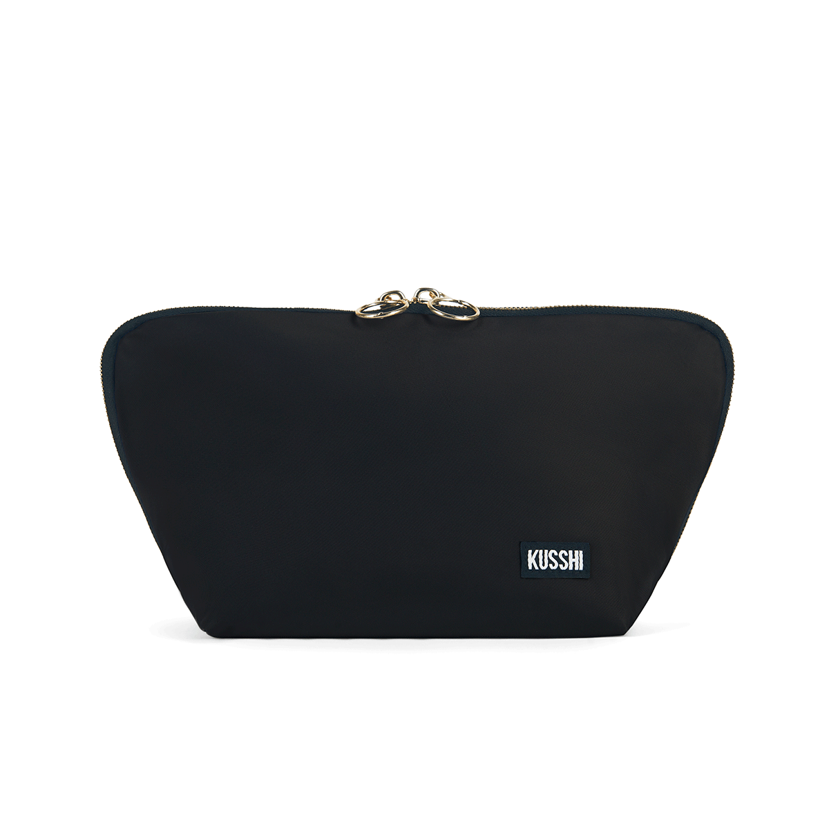 color: Satin Black Fabric with Pink Interior; alt: Signature Medium Size Makeup Bag | KUSSHI