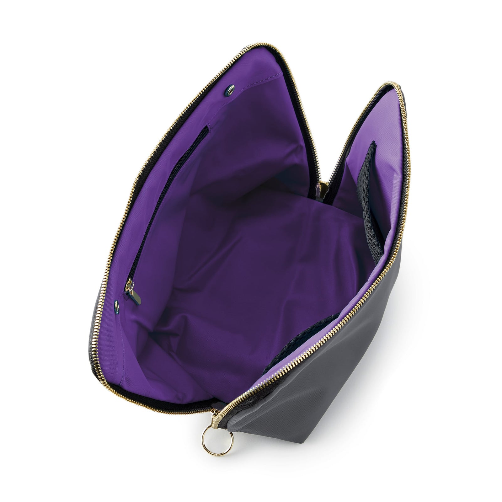 color: Steel Grey Fabric with Purple Interior; alt: Signature Medium Size Makeup Bag | KUSSHI