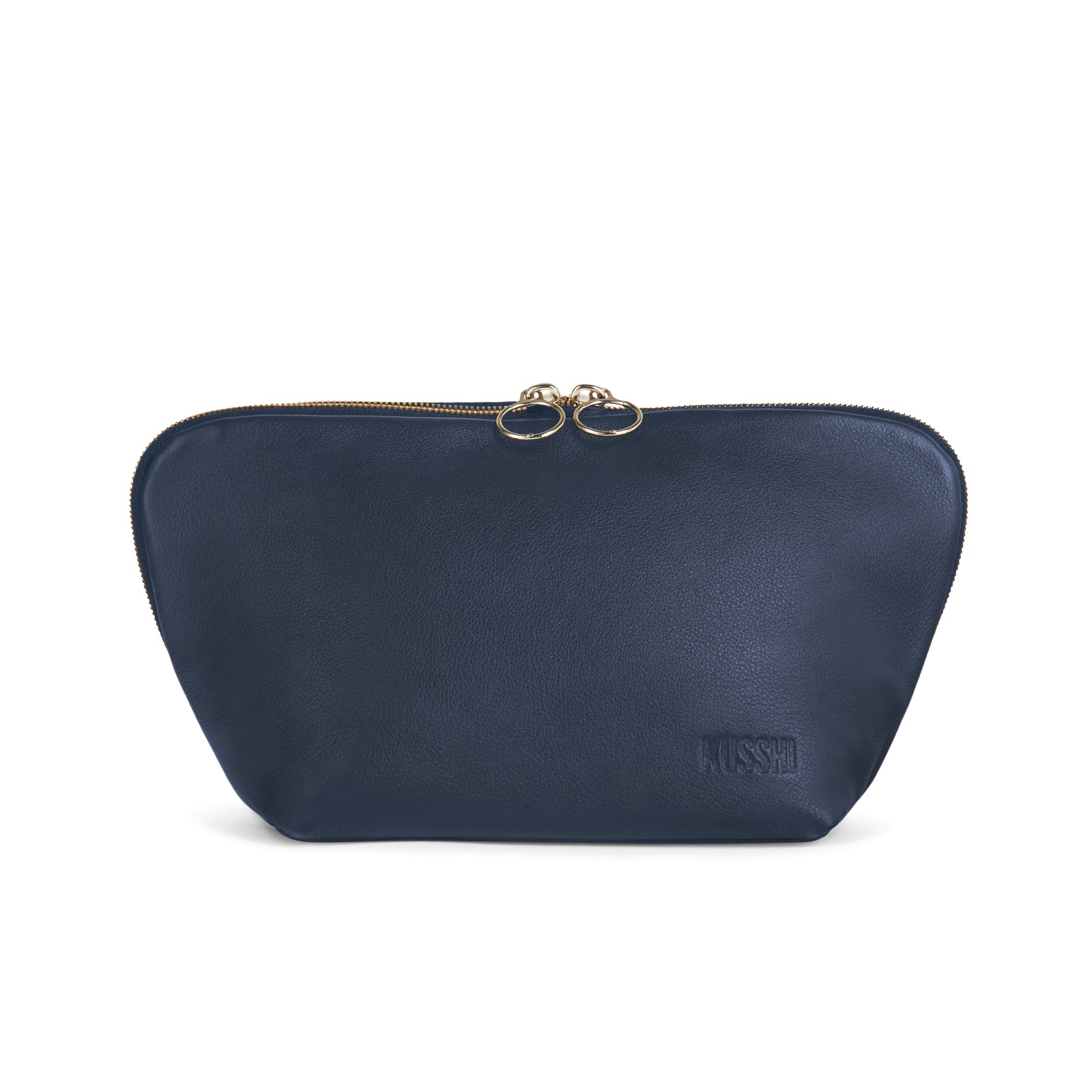color: Luxurious Navy Leather with Pink Interior; alt: Signature Medium Size Makeup Bag | KUSSHI