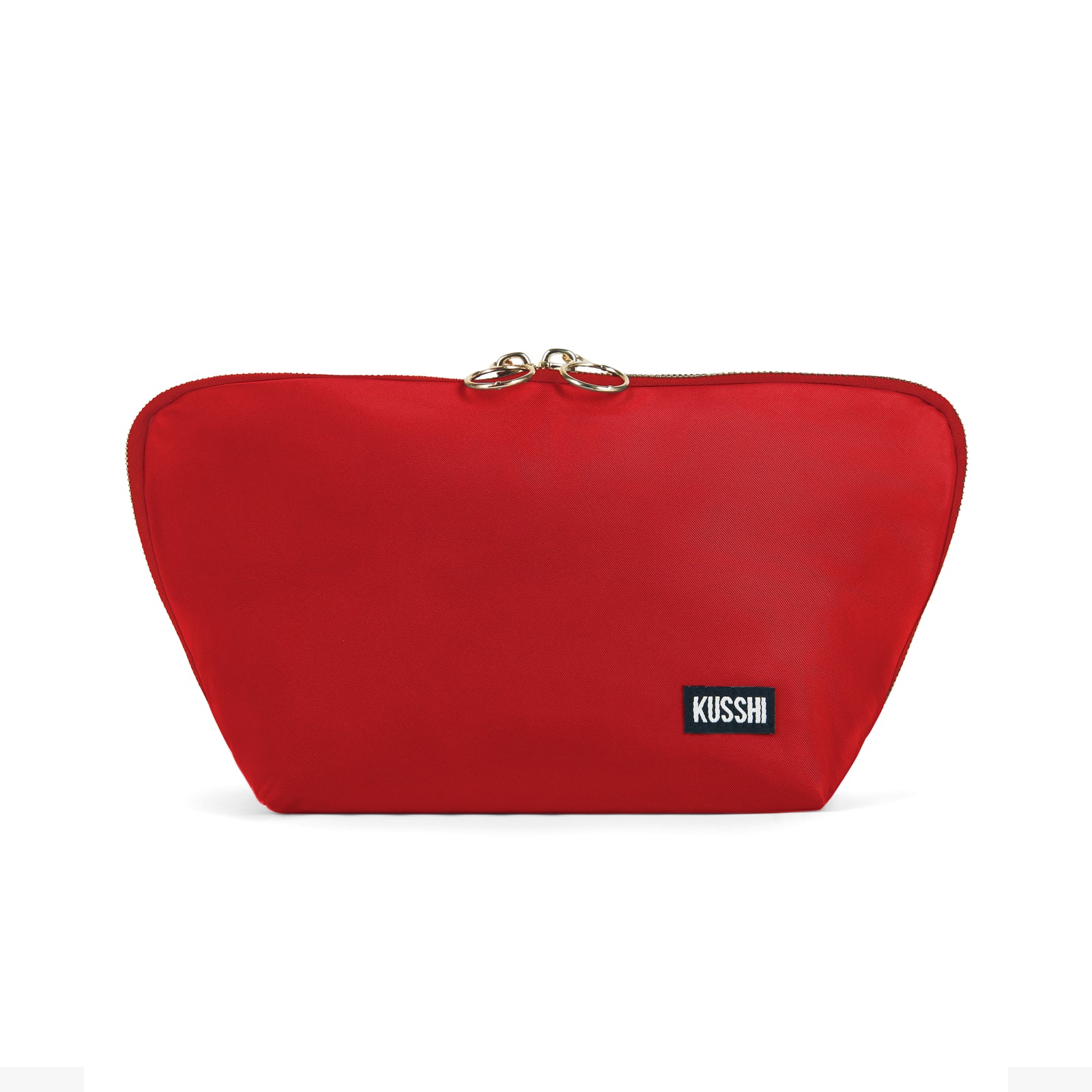color: Candy Apple Red Fabric with Pink Interior; alt: Signature Medium Size Makeup Bag | KUSSHI