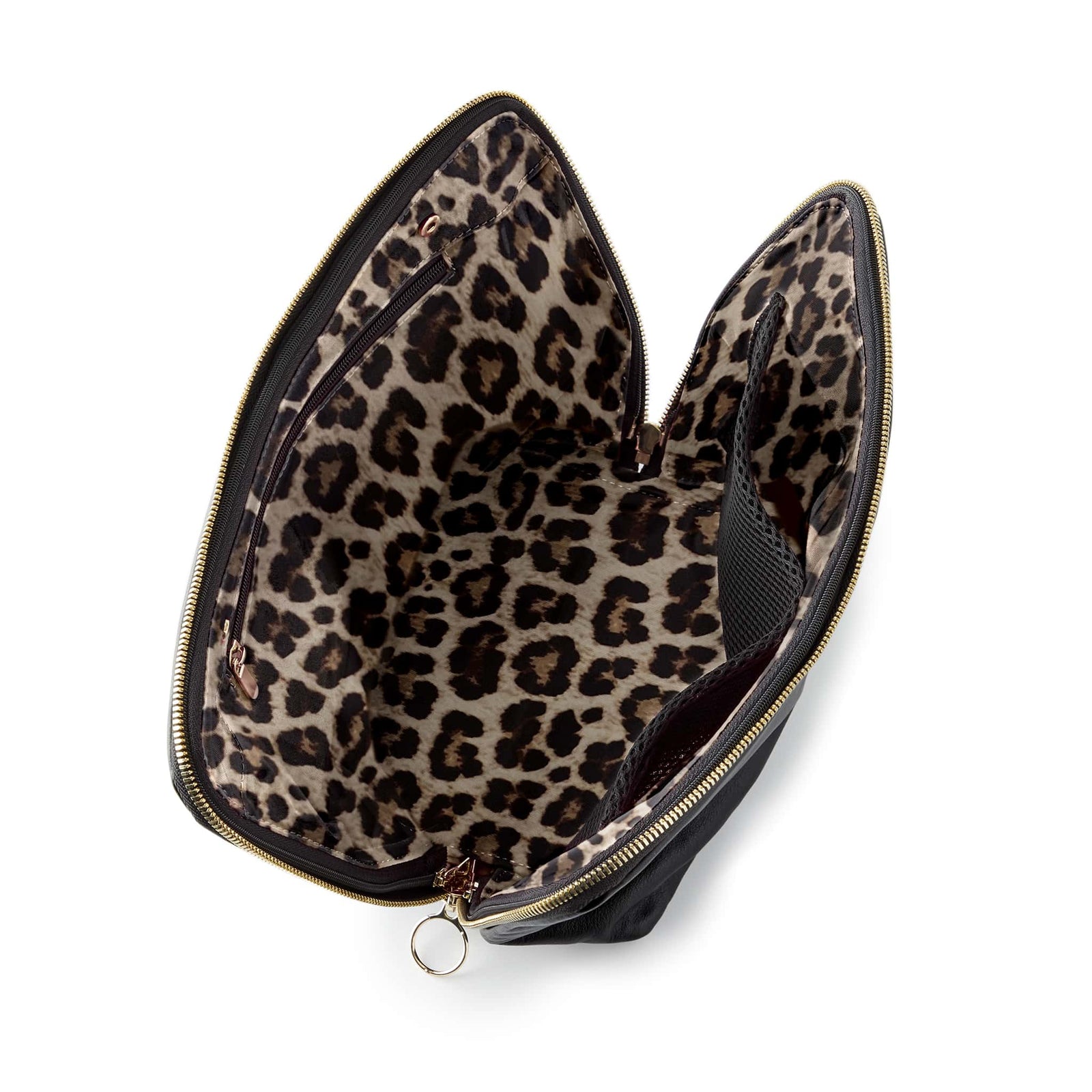 color: Luxurious Black Leather with Leopard Interior; alt: Vacationer Large Size Makeup Bag | KUSSHI