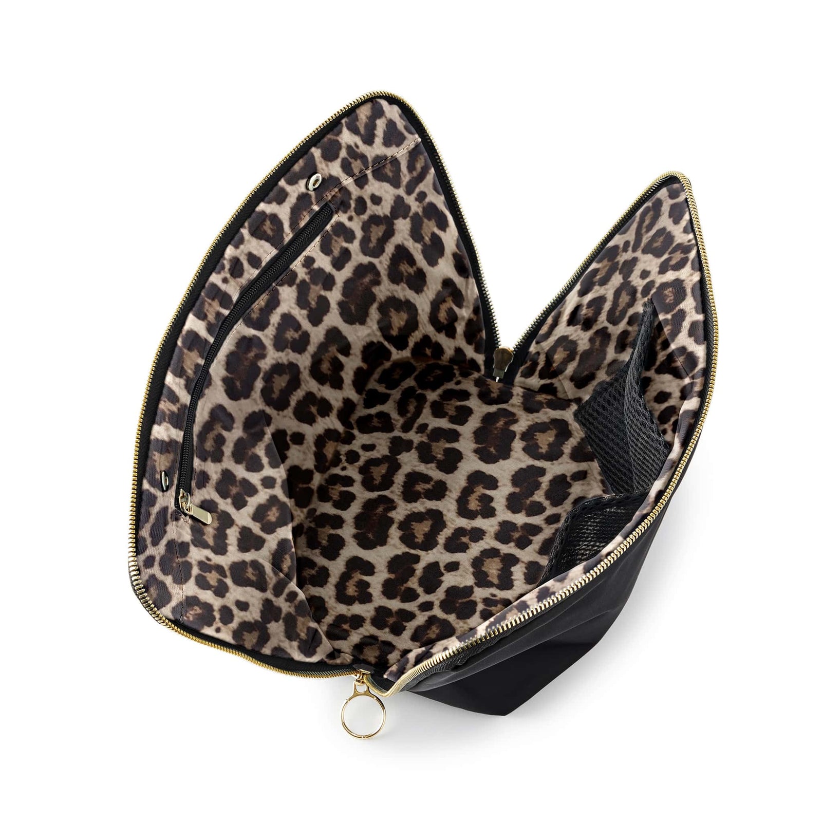 color: Satin Black Fabric with Leopard Interior; alt: Vacationer Large Size Makeup Bag | KUSSHI