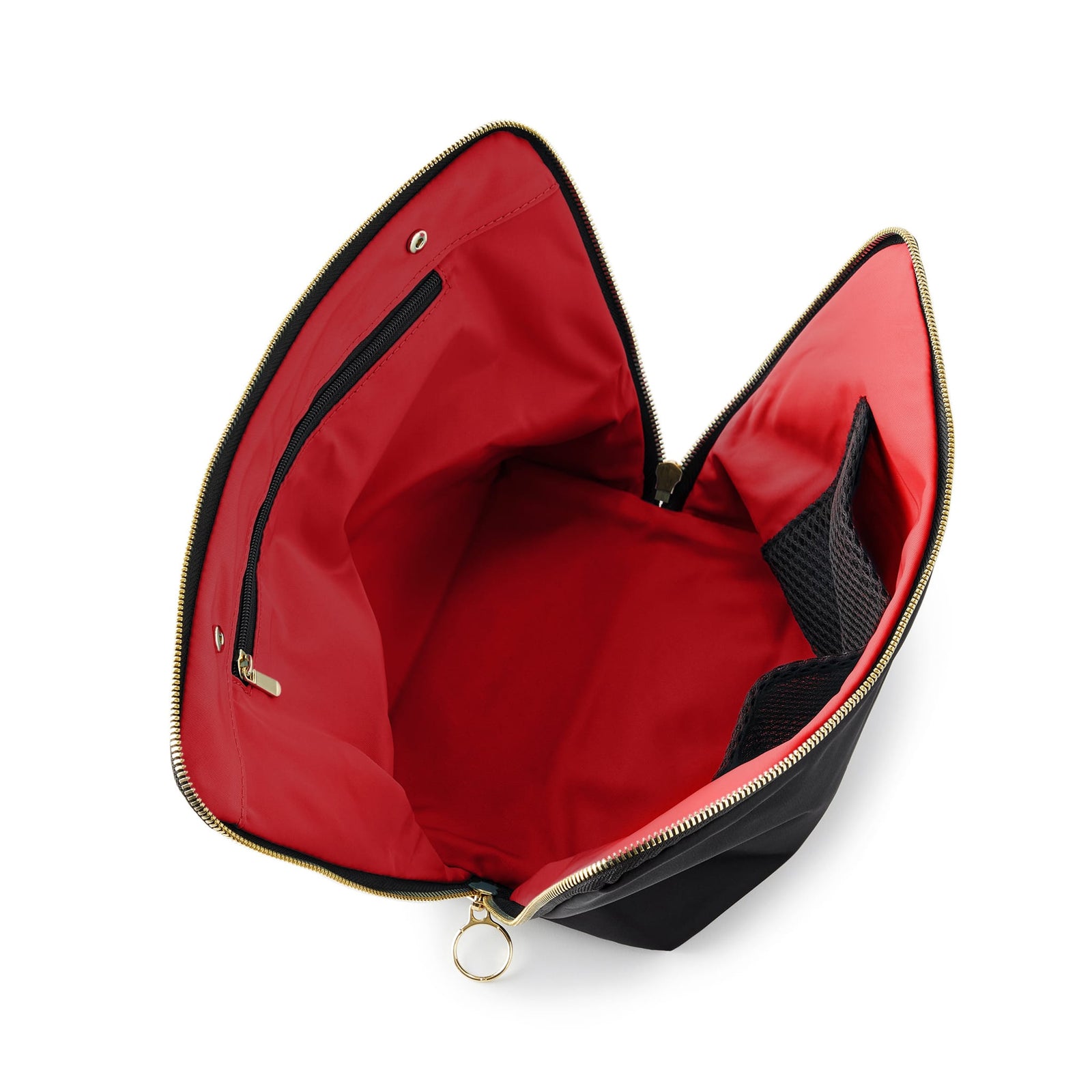 color: Satin Black Fabric with Red Interior; alt: Vacationer Large Size Makeup Bag | KUSSHI