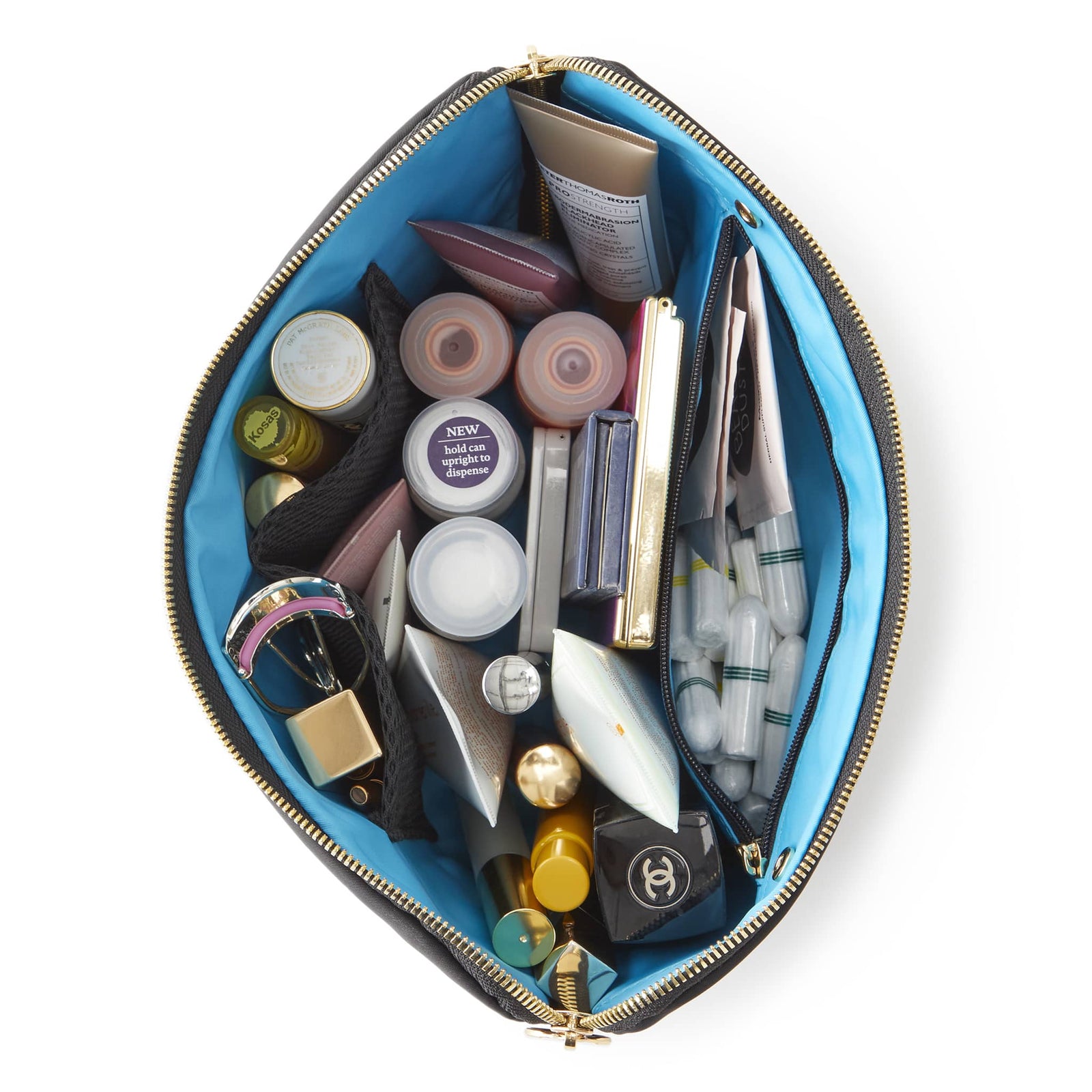 color: Satin Black Fabric with Teal Interior; alt: Vacationer Large Size Makeup Bag | KUSSHI