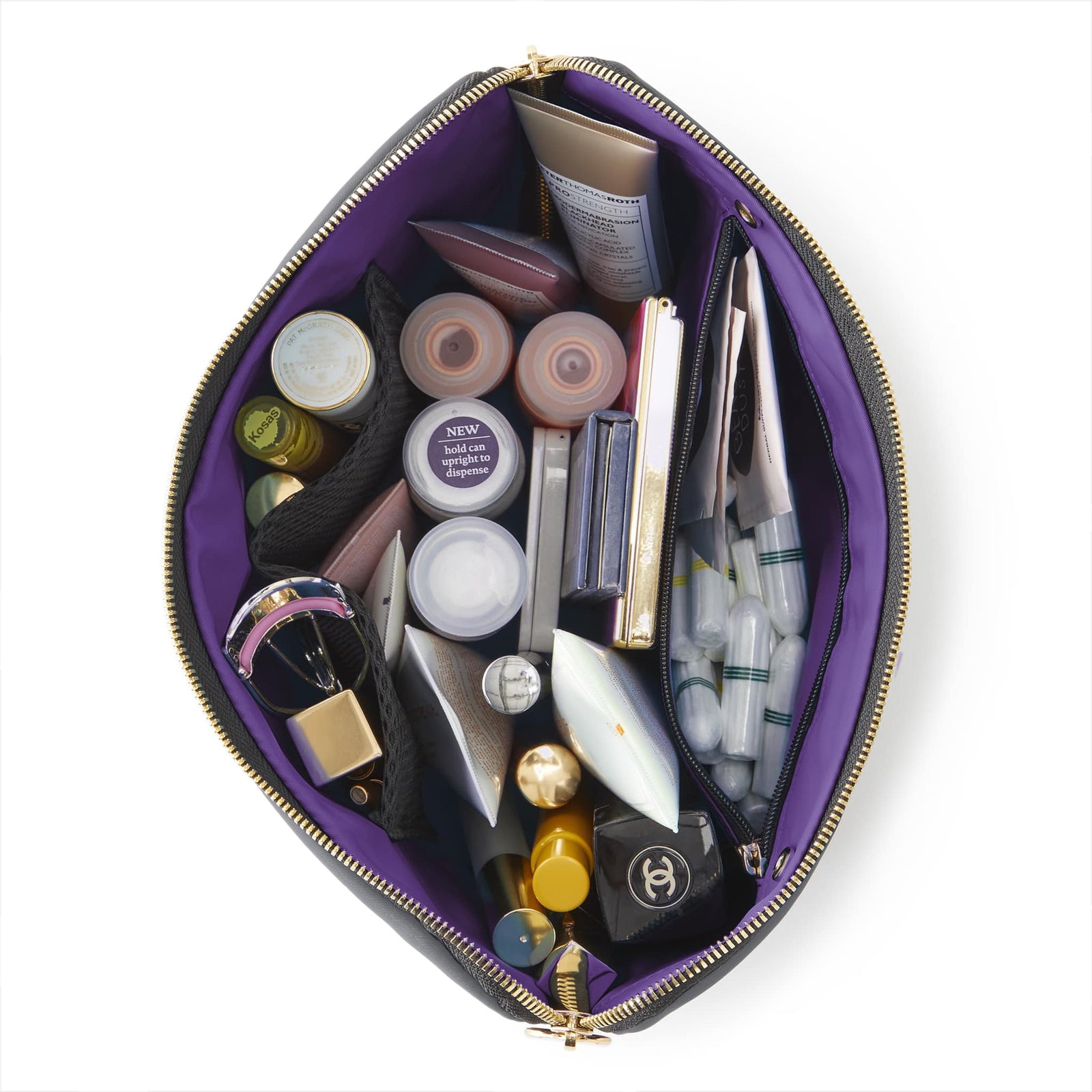 color: Steel Grey Fabric with Purple Interior; alt: Vacationer Large Size Makeup Bag | KUSSHI