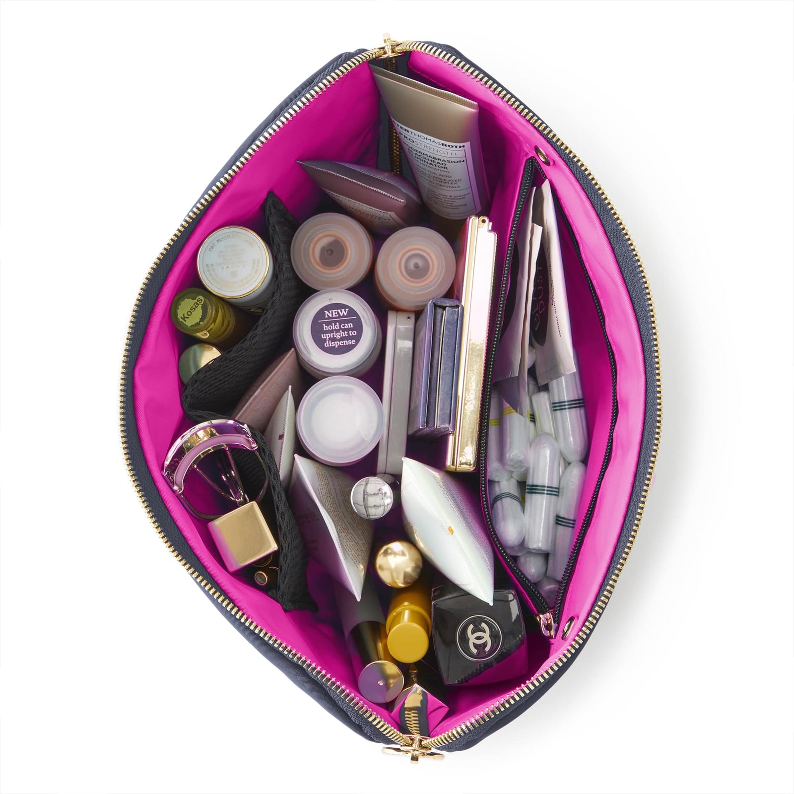 color: Navy Fabric with Pink Interior; alt: Vacationer Large Size Makeup Bag | KUSSHI