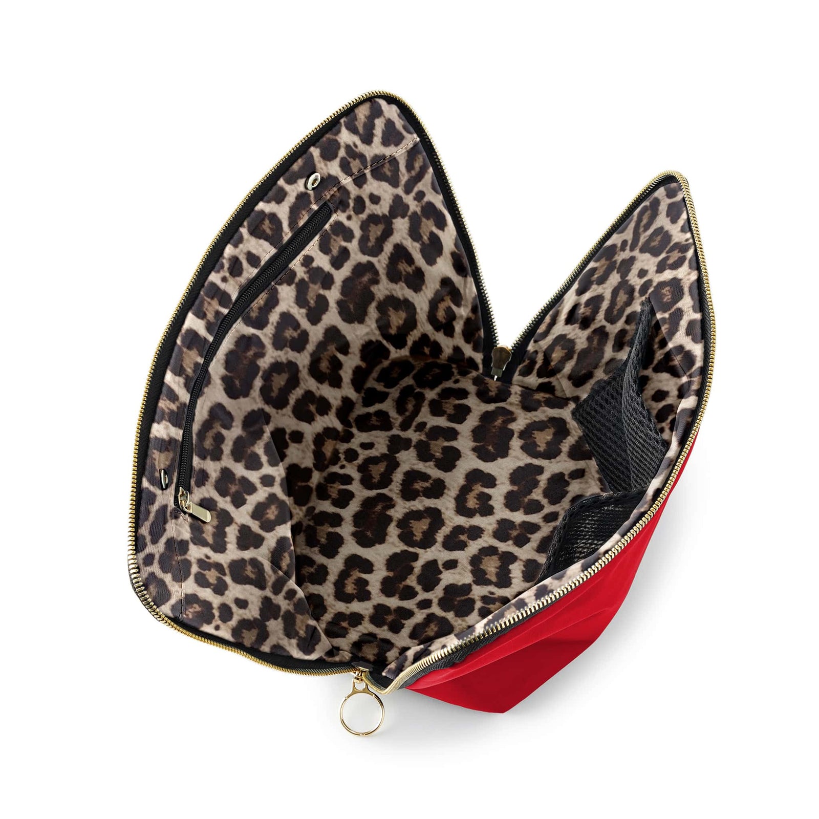 color: Candy Apple Red Fabric with Leopard Interior; alt: Vacationer Large Size Makeup Bag | KUSSHI
