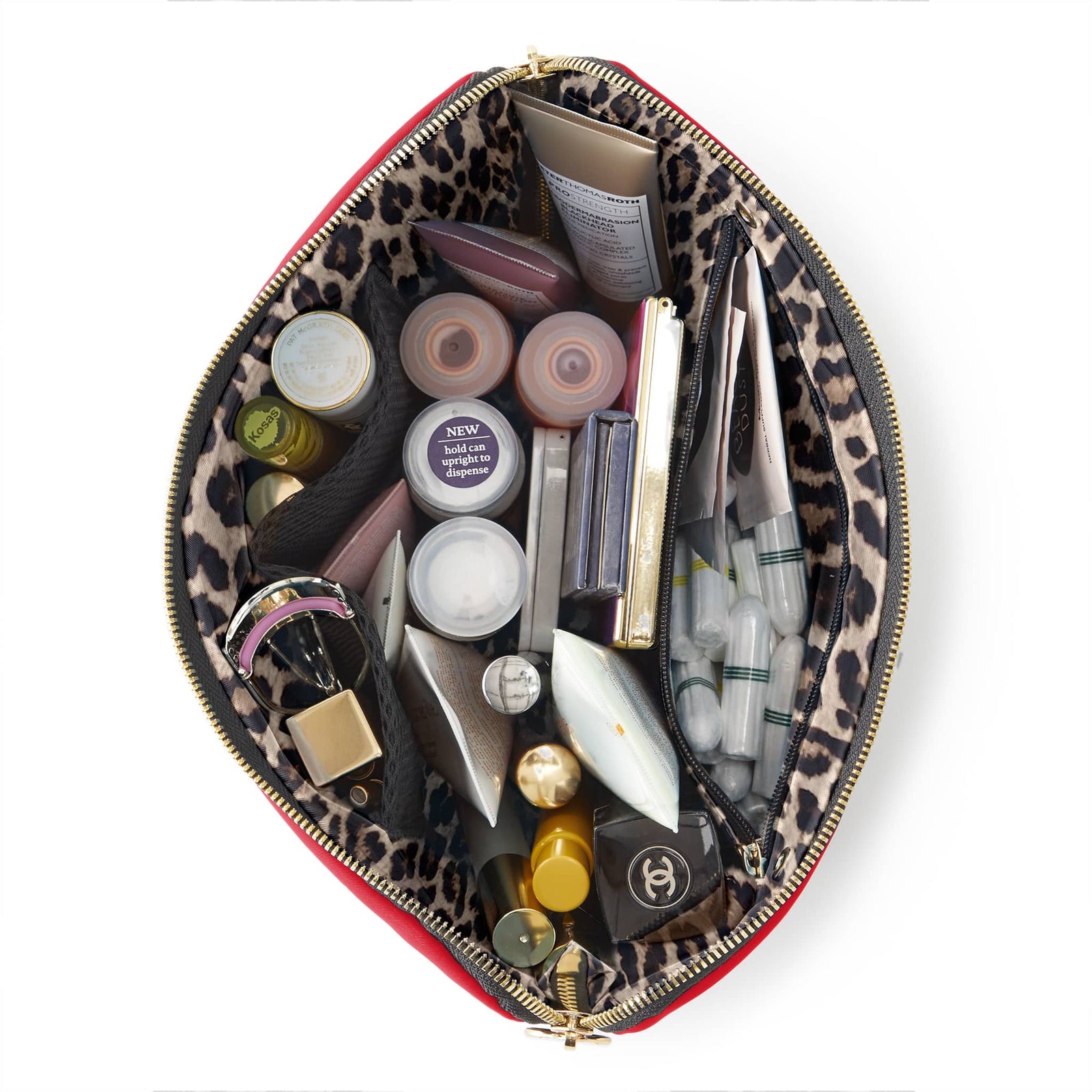 color: Candy Apple Red Fabric with Leopard Interior; alt: Vacationer Large Size Makeup Bag | KUSSHI
