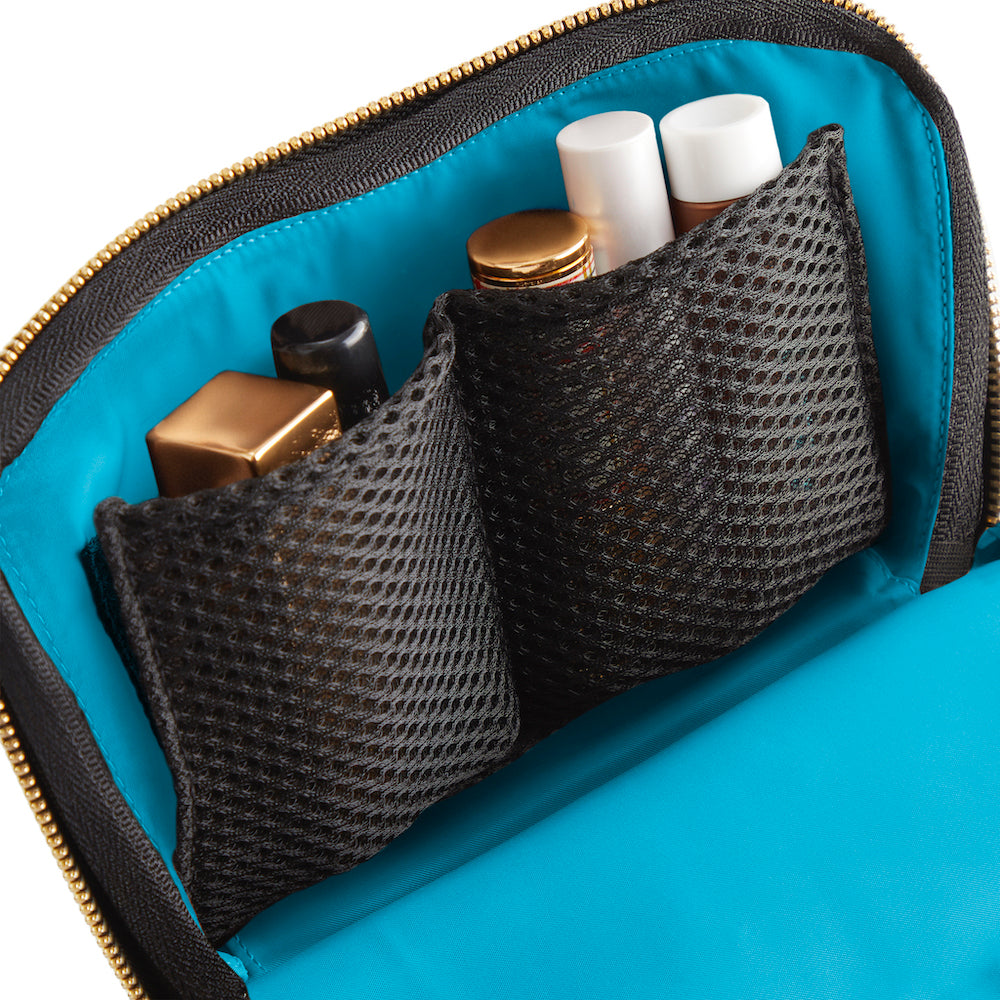 color: Everyday+Satin Black Fabric with Teal Interior; alt: Everyday Small Size Makeup Bag | KUSSHI