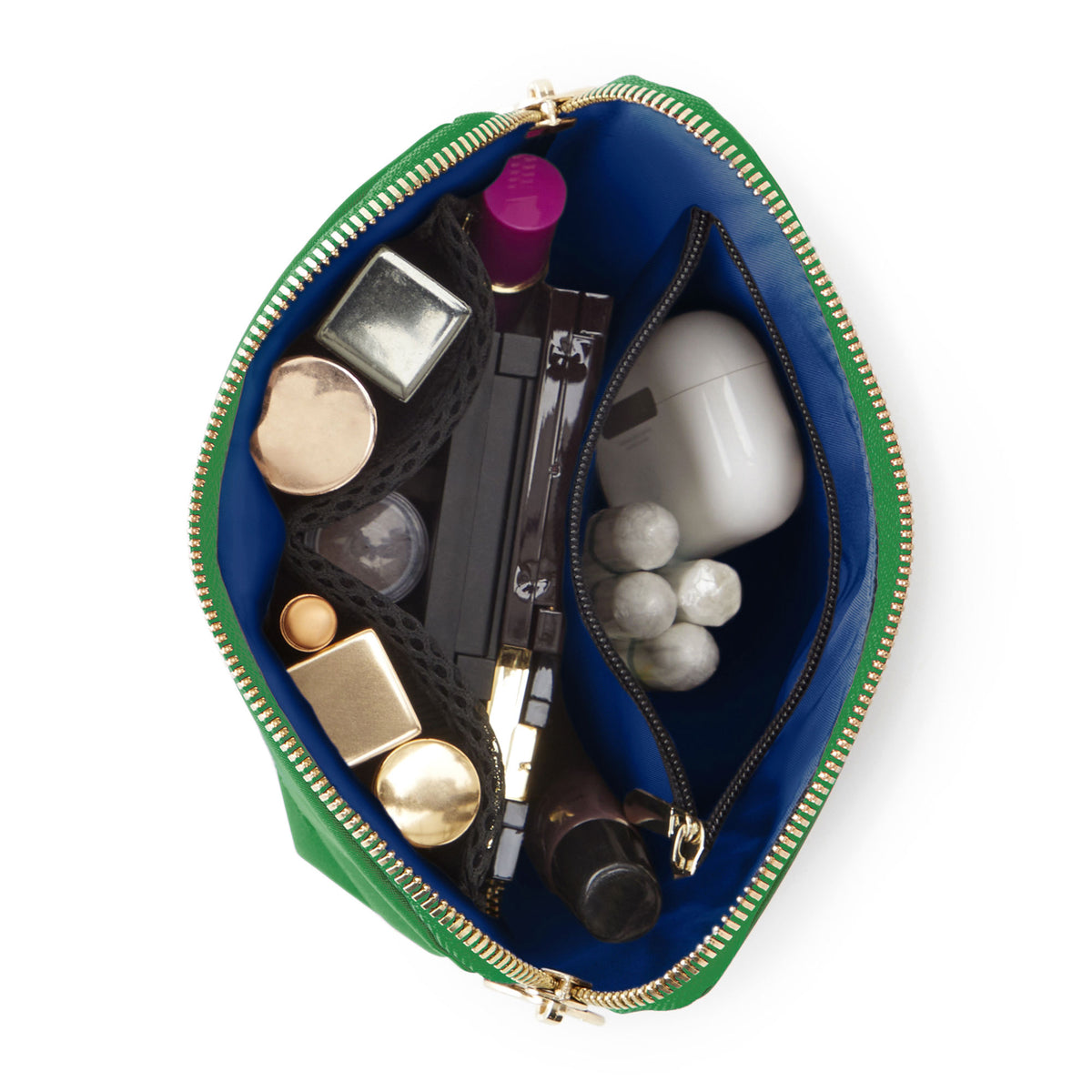 color: Kelly Green Fabric with Light Navy Interior; alt: Everyday Small Size Makeup Bag | KUSSHI