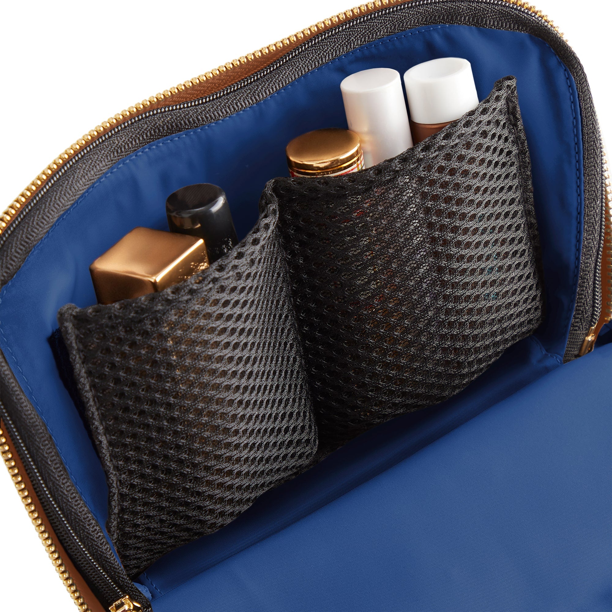 color: Camel Leather with Light Navy Interior; alt: Everyday Small Size Makeup Bag | KUSSHI