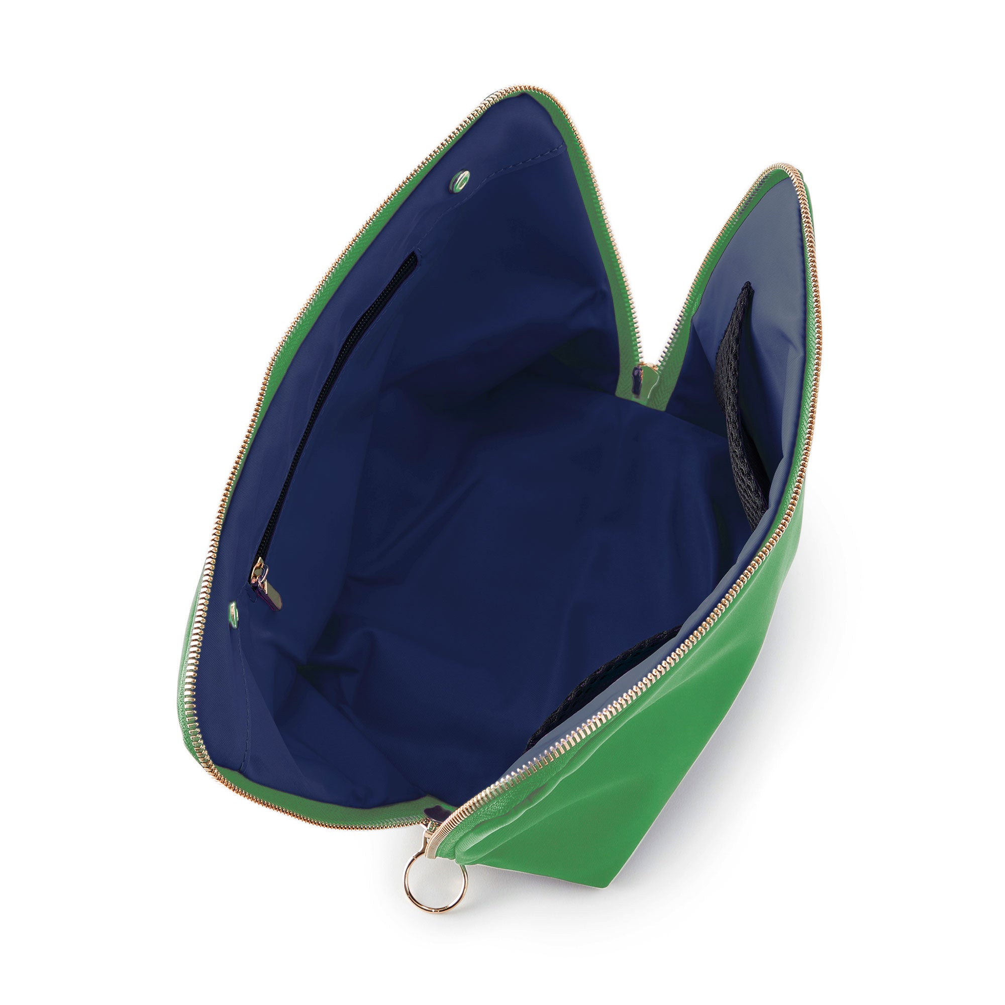 color: Kelly Green Fabric with Light Navy interior; alt: Vacationer Large Size Makeup Bag | KUSSHI