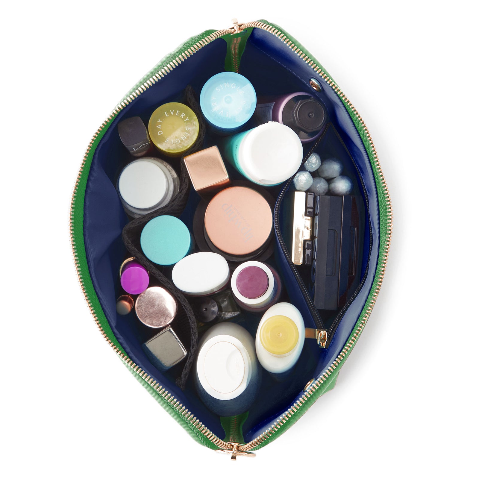 color: Kelly Green Fabric with Light Navy interior; alt: Signature Medium Size Makeup Bag | KUSSHI