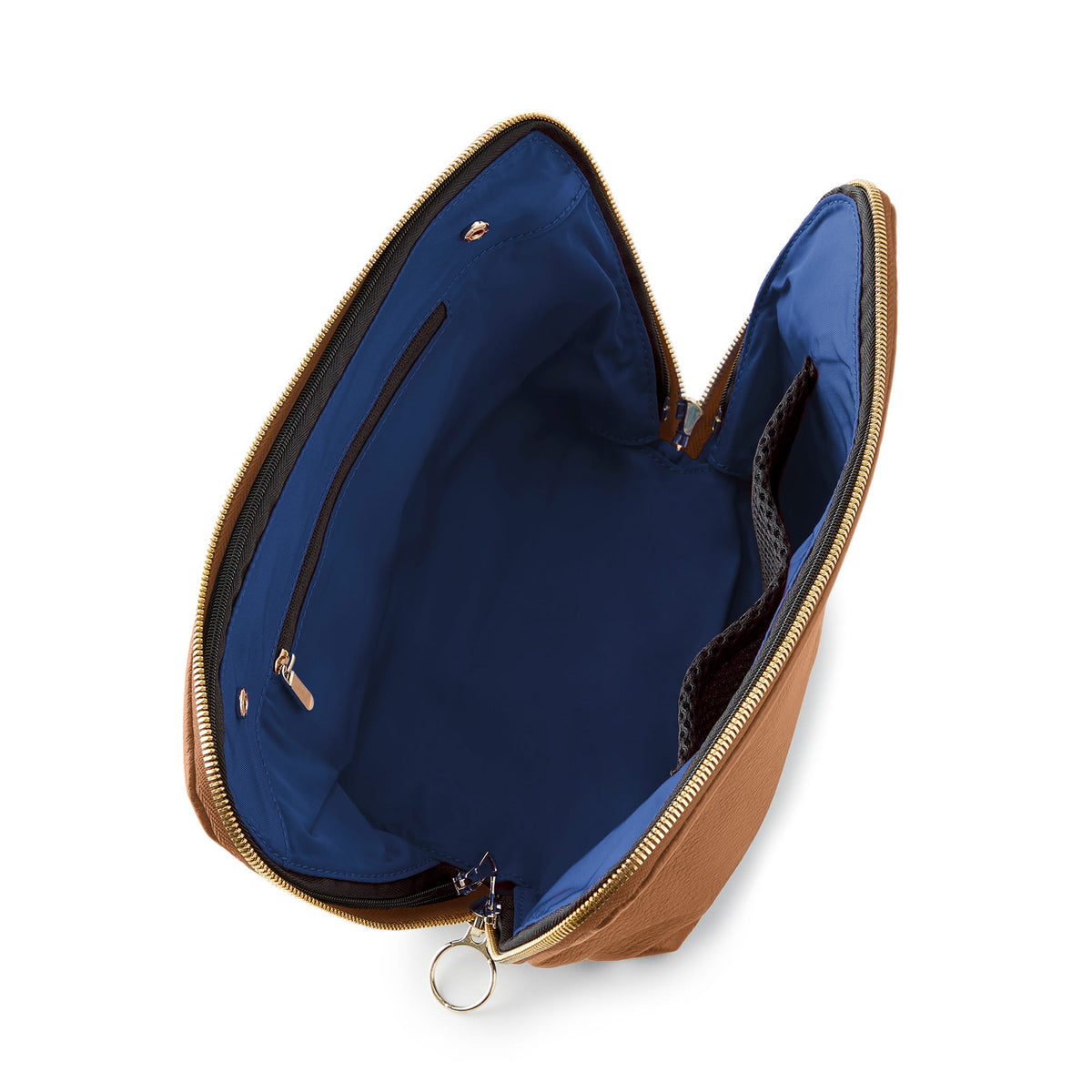 color: Camel Leather with Light Navy Interior; alt: Signature Medium Size Makeup Bag | KUSSHI