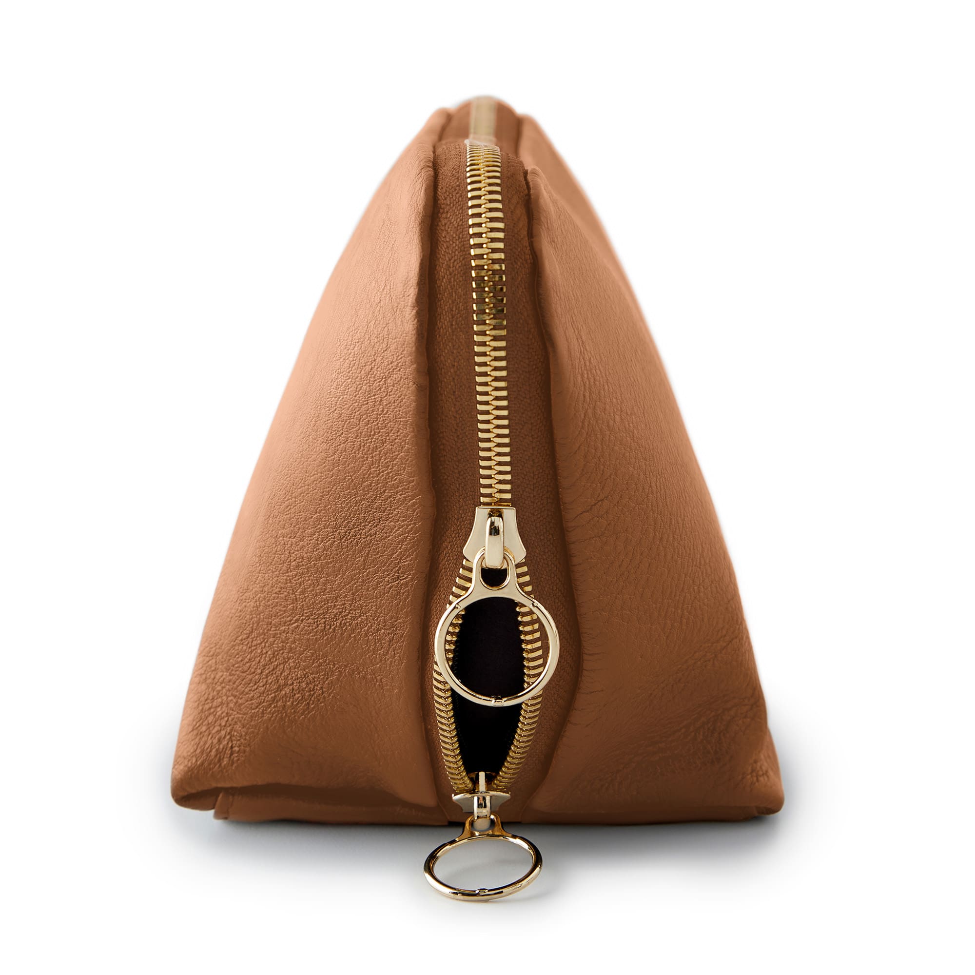 color: Camel Leather with Light Navy Interior; alt: Signature Medium Size Makeup Bag | KUSSHI