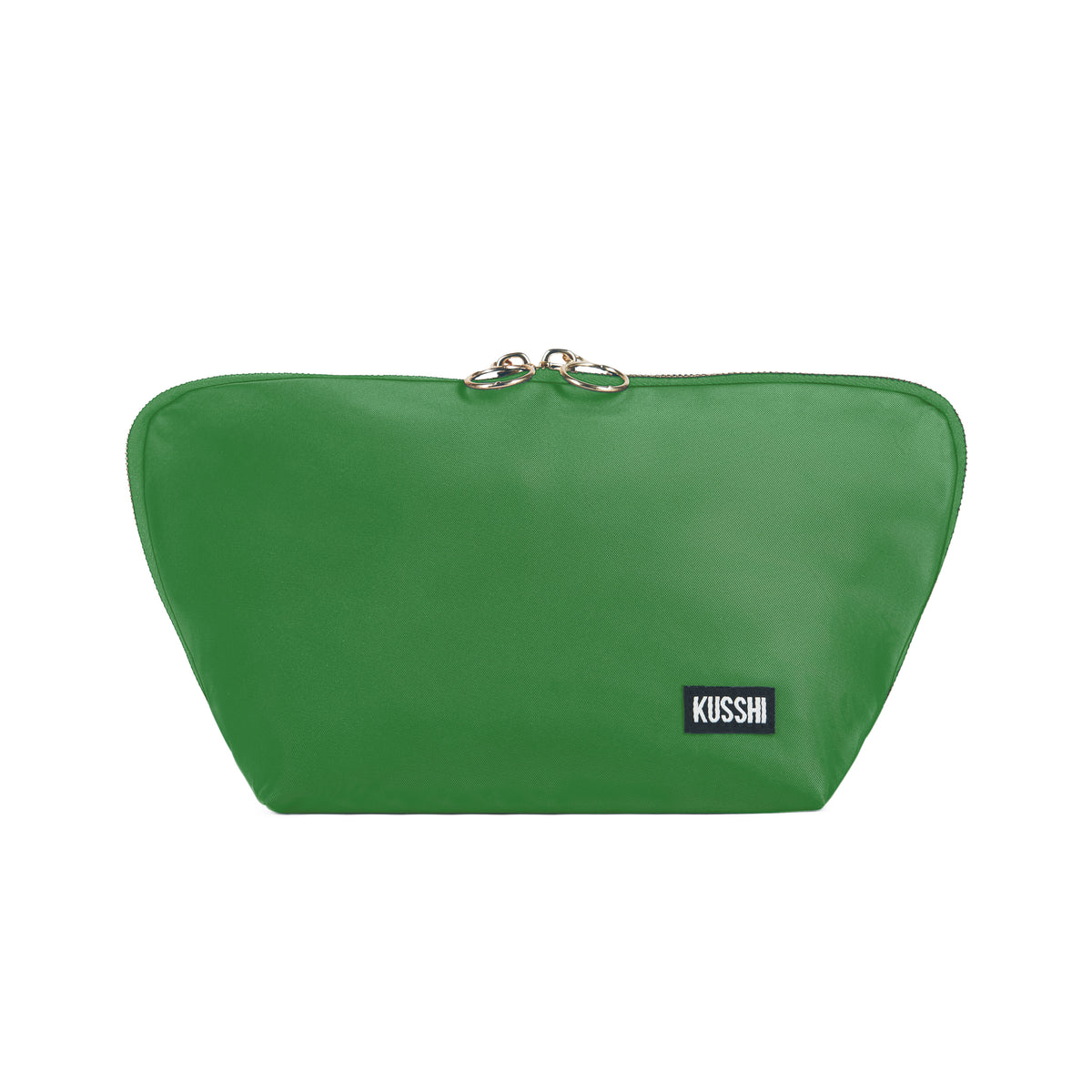 color: Kelly Green Fabric with Light Navy interior; alt: Signature Medium Size Makeup Bag | KUSSHI