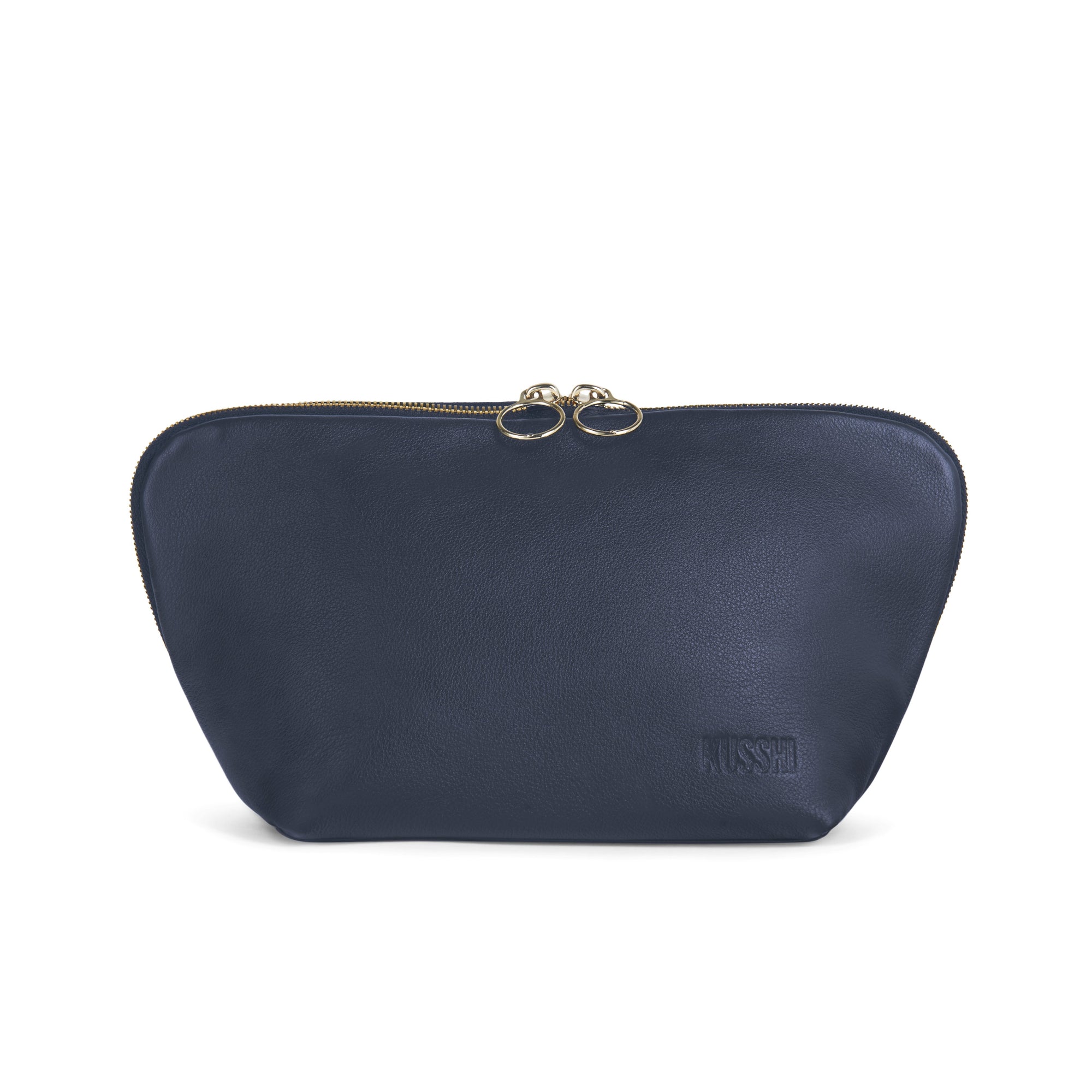 color: Signature+ Luxurious Navy Leather with Pink Interior; alt: Signature Medium Size Makeup Bag | KUSSHI