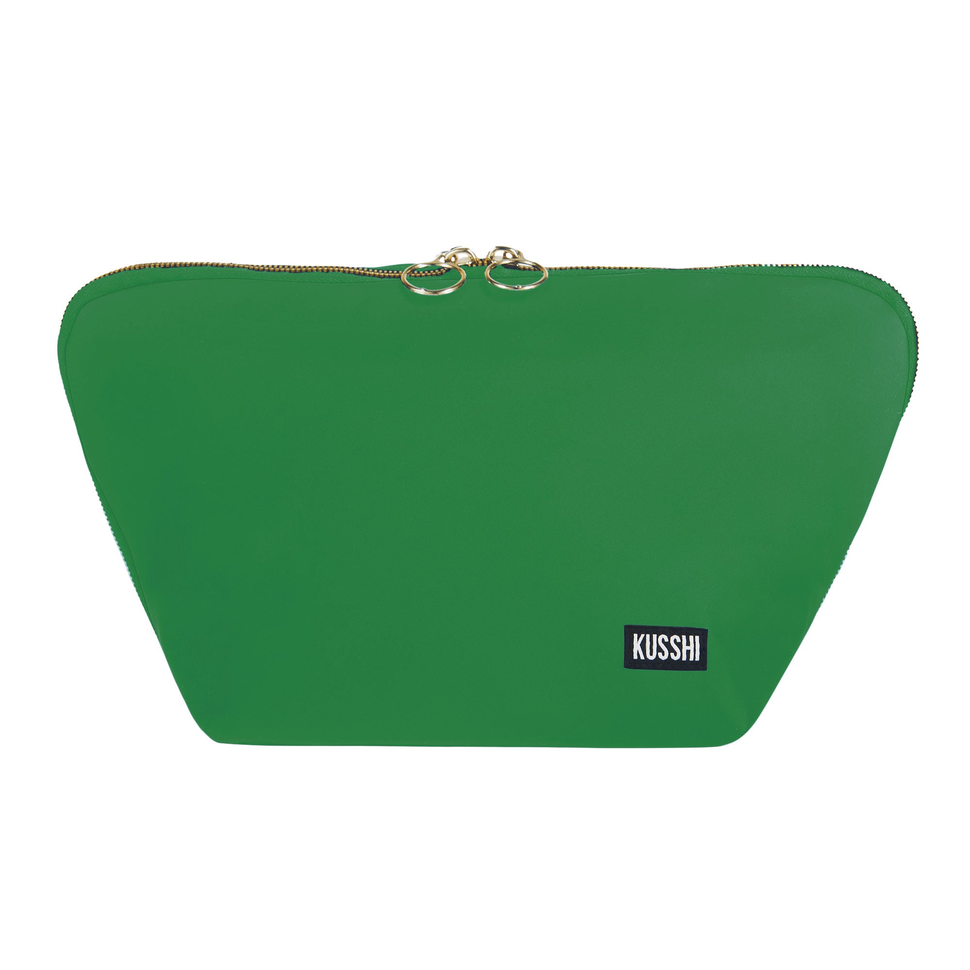 color: Kelly Green Fabric with Light Navy interior; alt: Vacationer Large Size Makeup Bag | KUSSHI