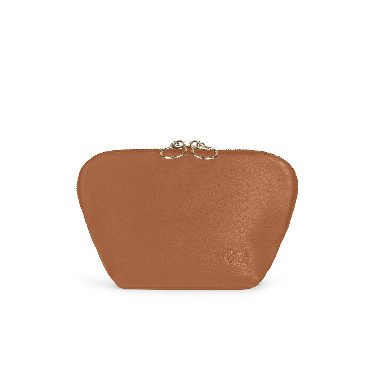 color: Camel Leather with Light Navy Interior; alt: Everyday Small Size Makeup Bag | KUSSHI