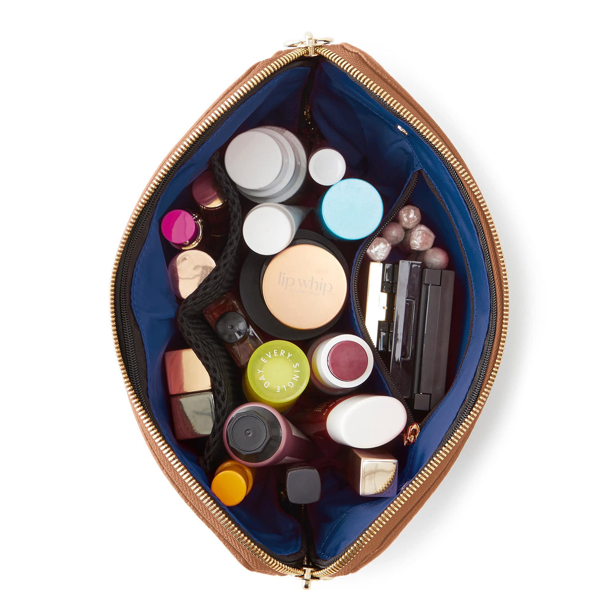 color: Camel Leather with Light Navy Interior; alt: Signature Medium Size Makeup Bag | KUSSHI