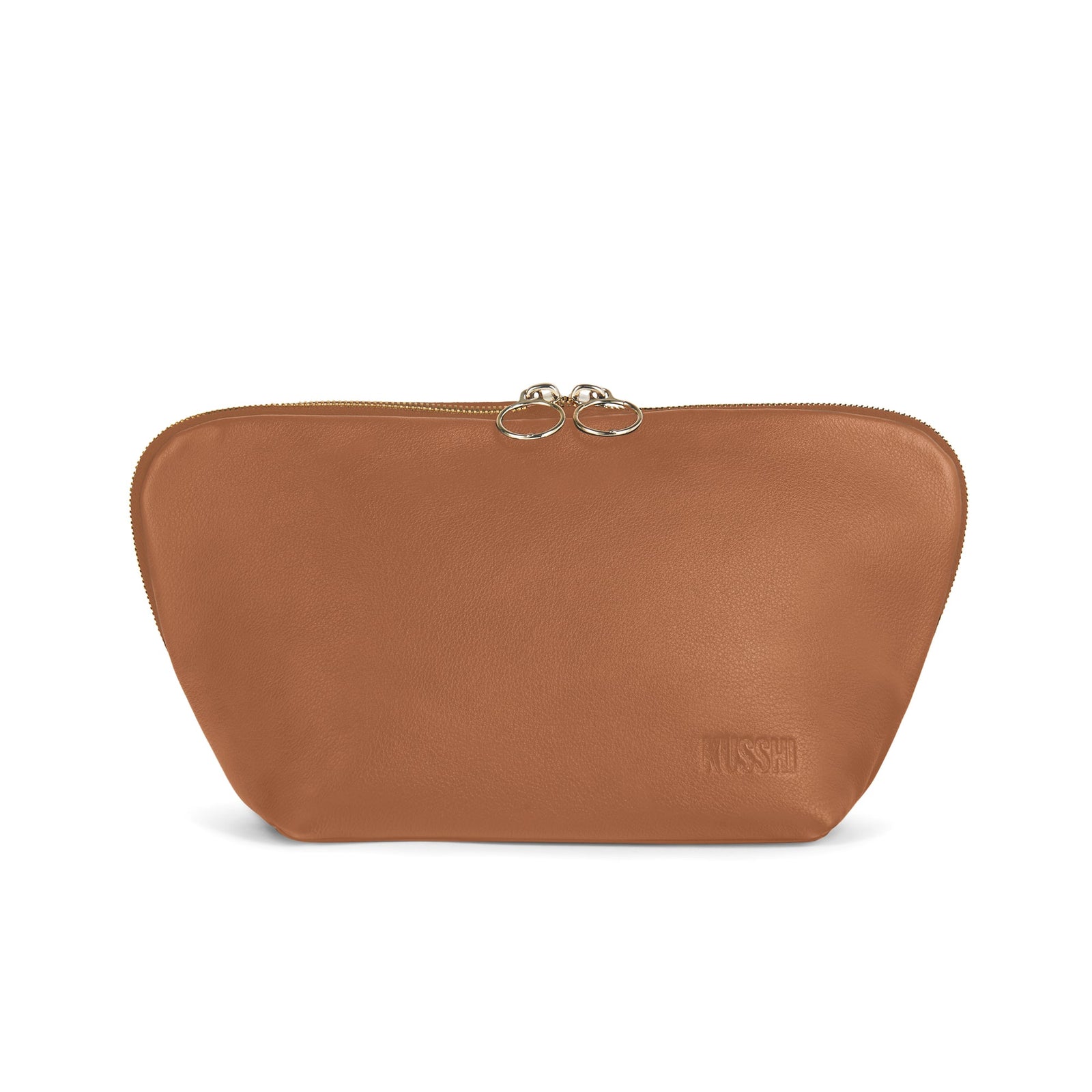 color: Camel Leather with Light Navy Interior; alt: Signature Medium Size Makeup Bag | KUSSHI