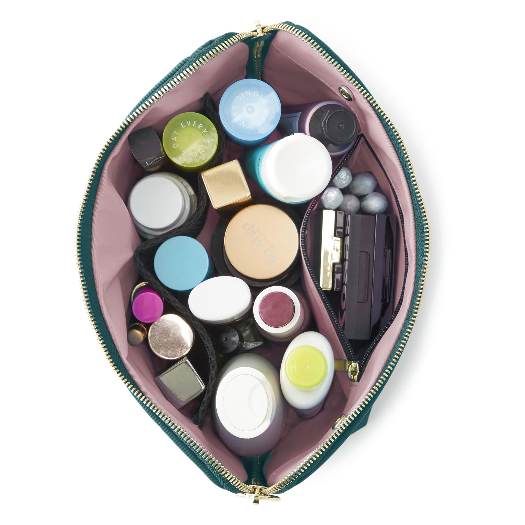 color: Jade Fabric with Blush Interior; alt: Signature Medium Size Makeup Bag | KUSSHI