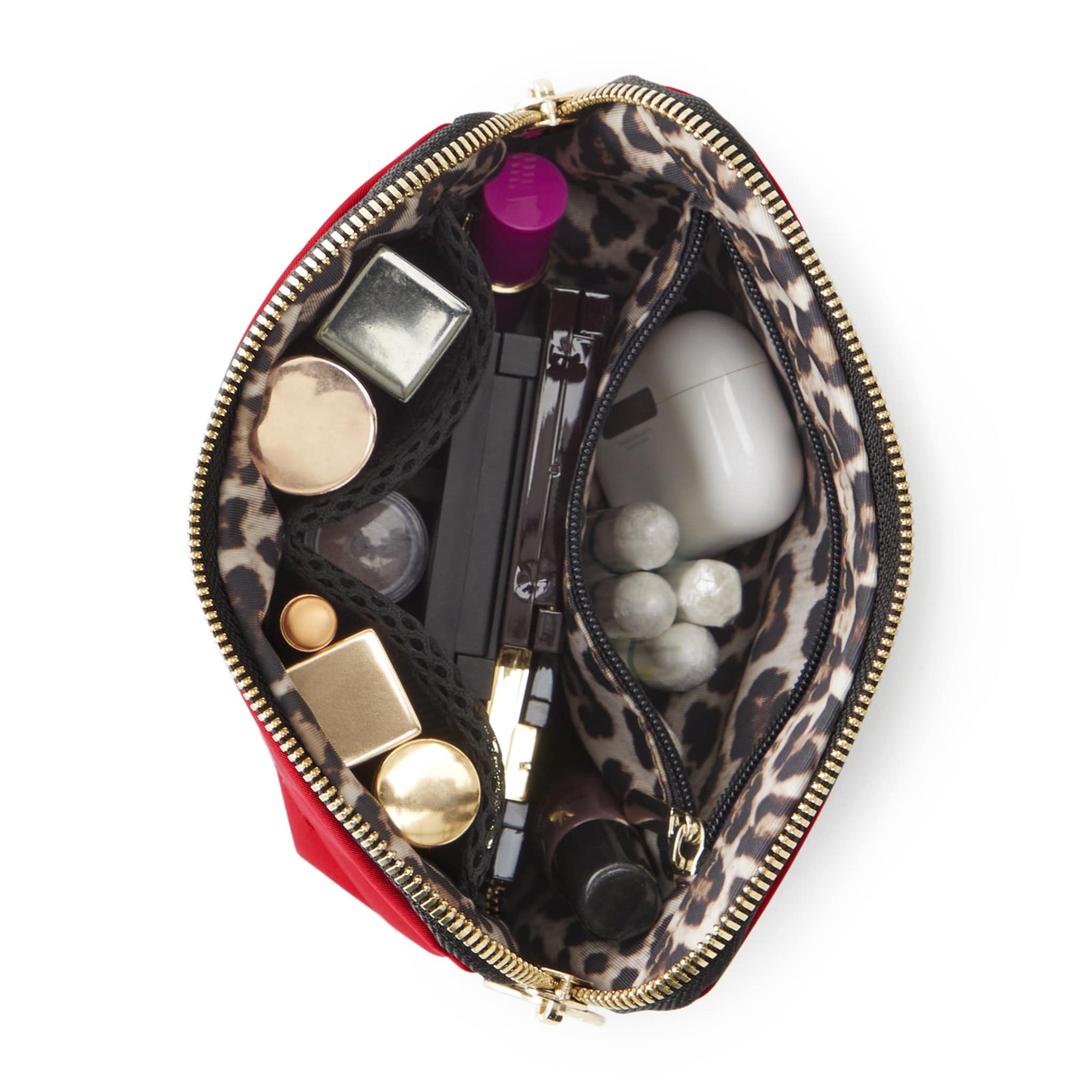 color: Candy Apple Red Fabric with Leopard Interior; alt: Everyday Small Size Makeup Bag | KUSSHI