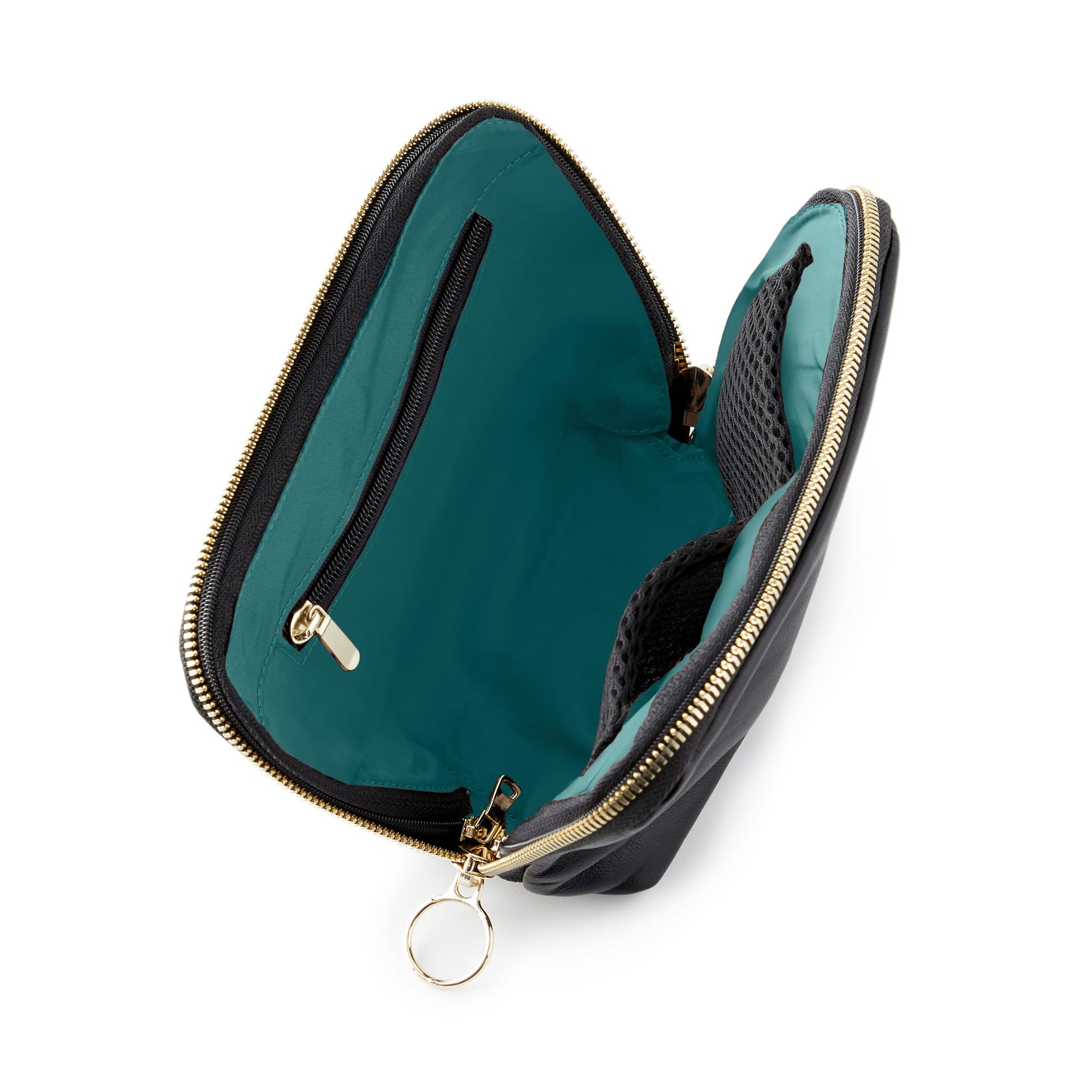 color: Luxurious Black Leather with Emerald Green Interior; alt: Everyday Small Size Makeup Bag | KUSSHI