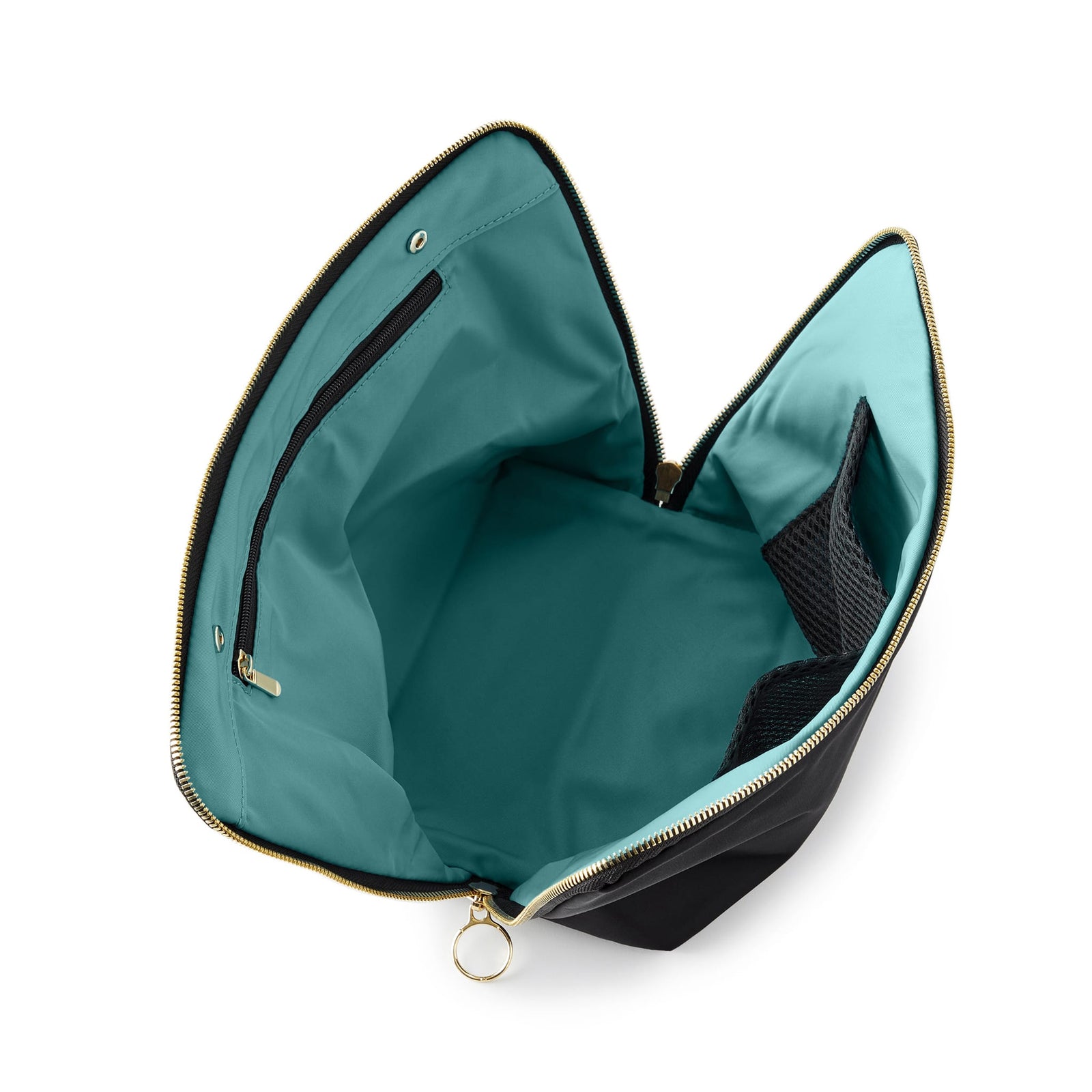 color: Satin Black Fabric with Emerald Green Interior; alt: Vacationer Large Size Makeup Bag | KUSSHI