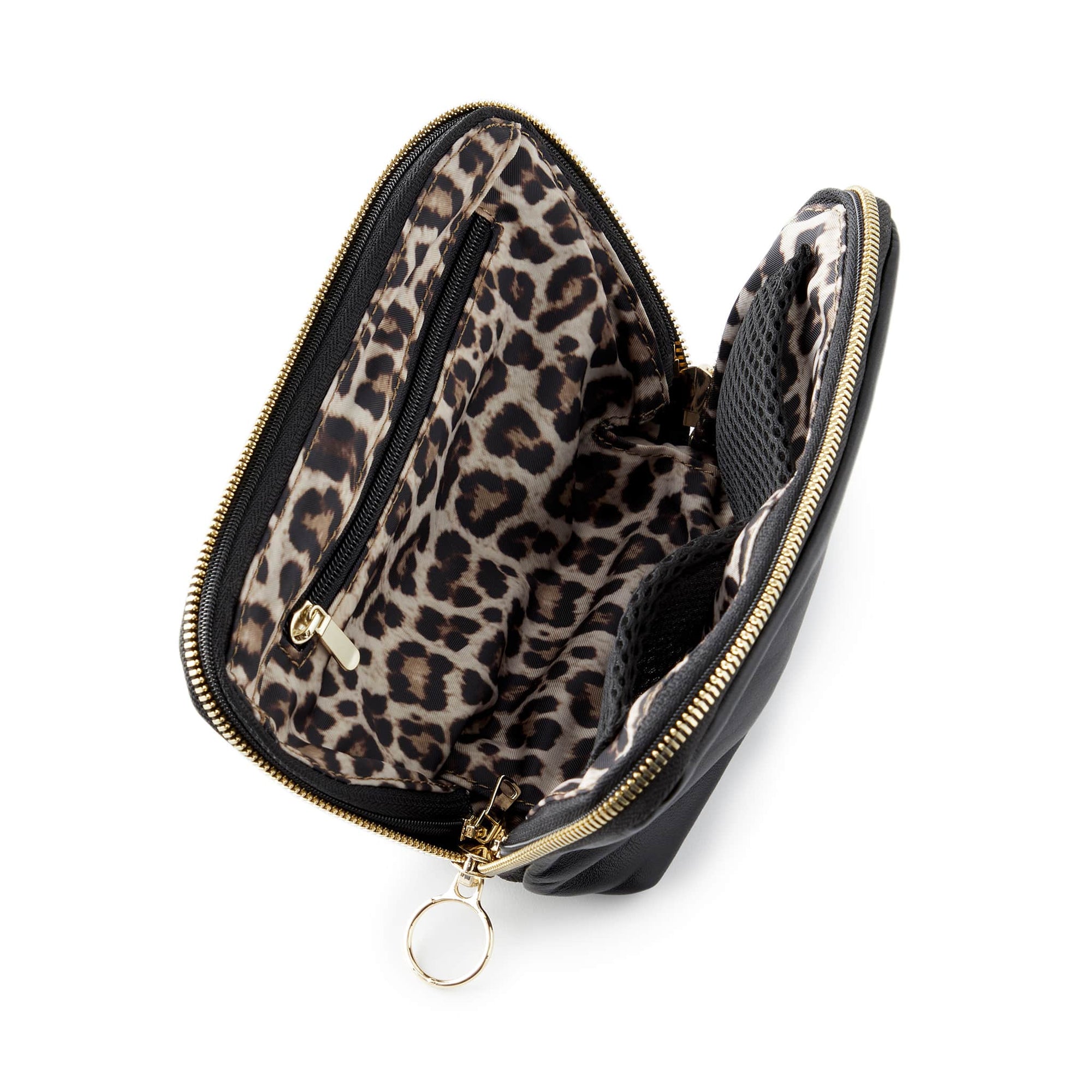 color: Luxurious Black Leather with Leopard Interior; alt: Everyday Small Size Makeup Bag | KUSSHI