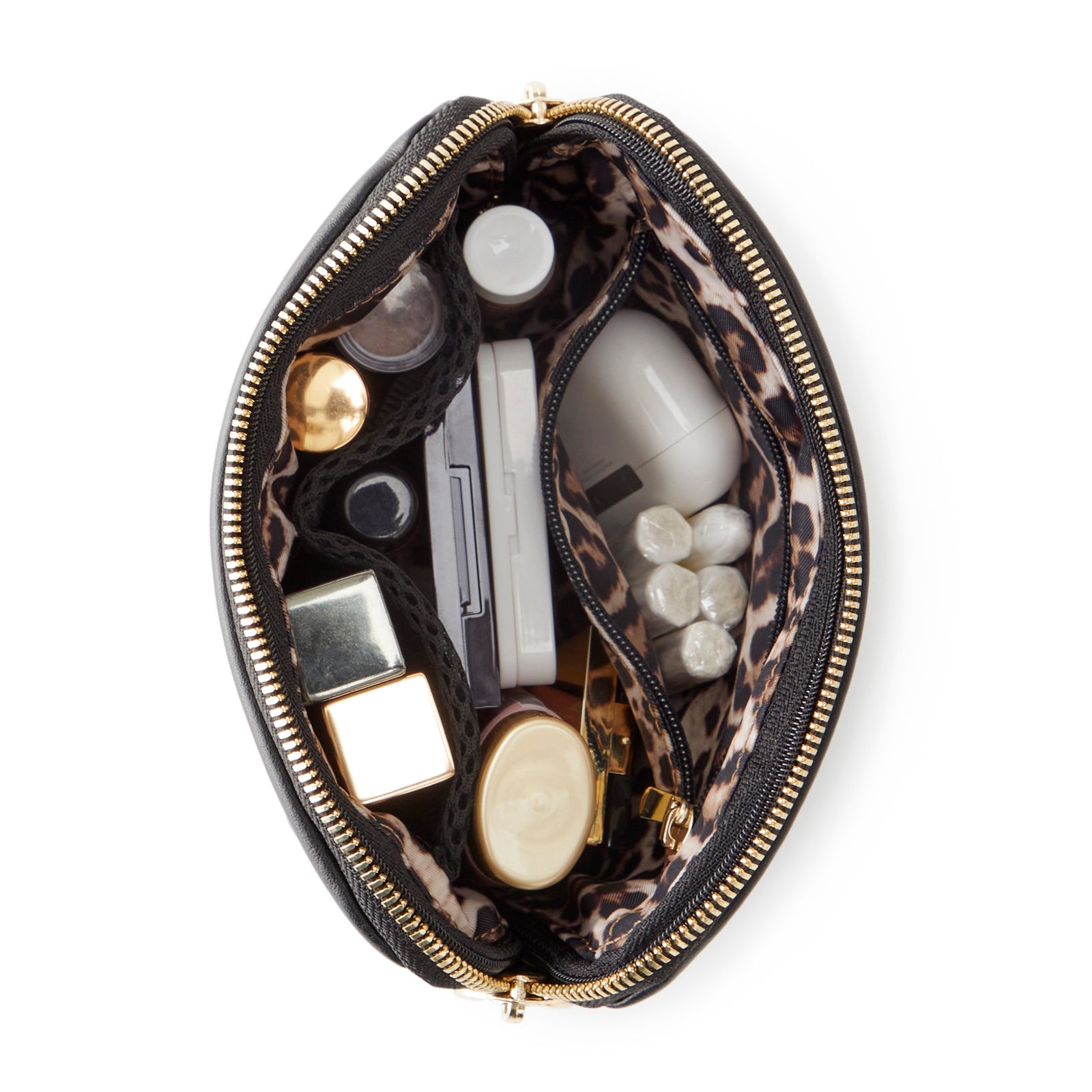 color: Luxurious Black Leather with Leopard Interior; alt: Everyday Small Size Makeup Bag | KUSSHI
