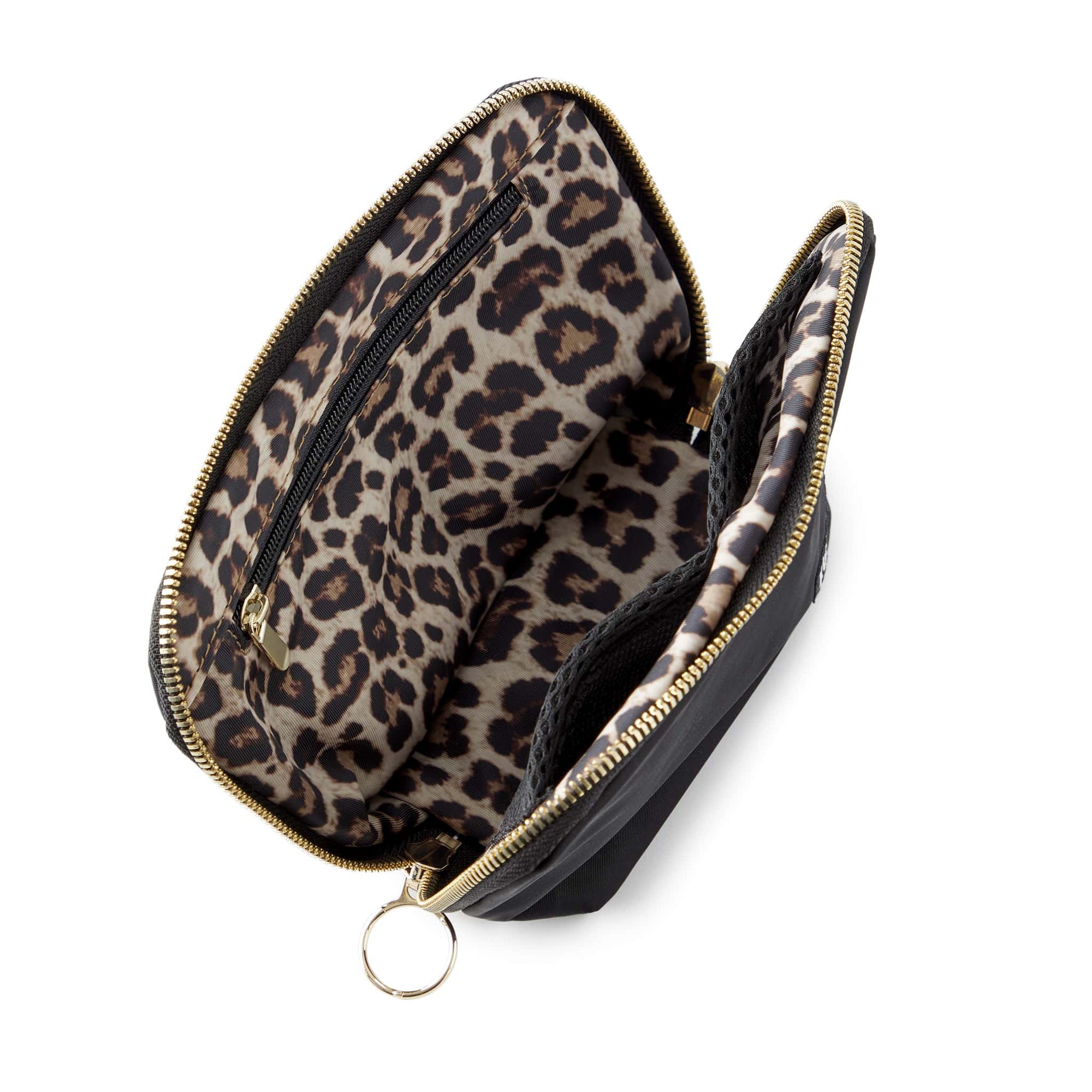 color: Satin Black Fabric with Leopard Interior; alt: Everyday Small Size Makeup Bag | KUSSHI