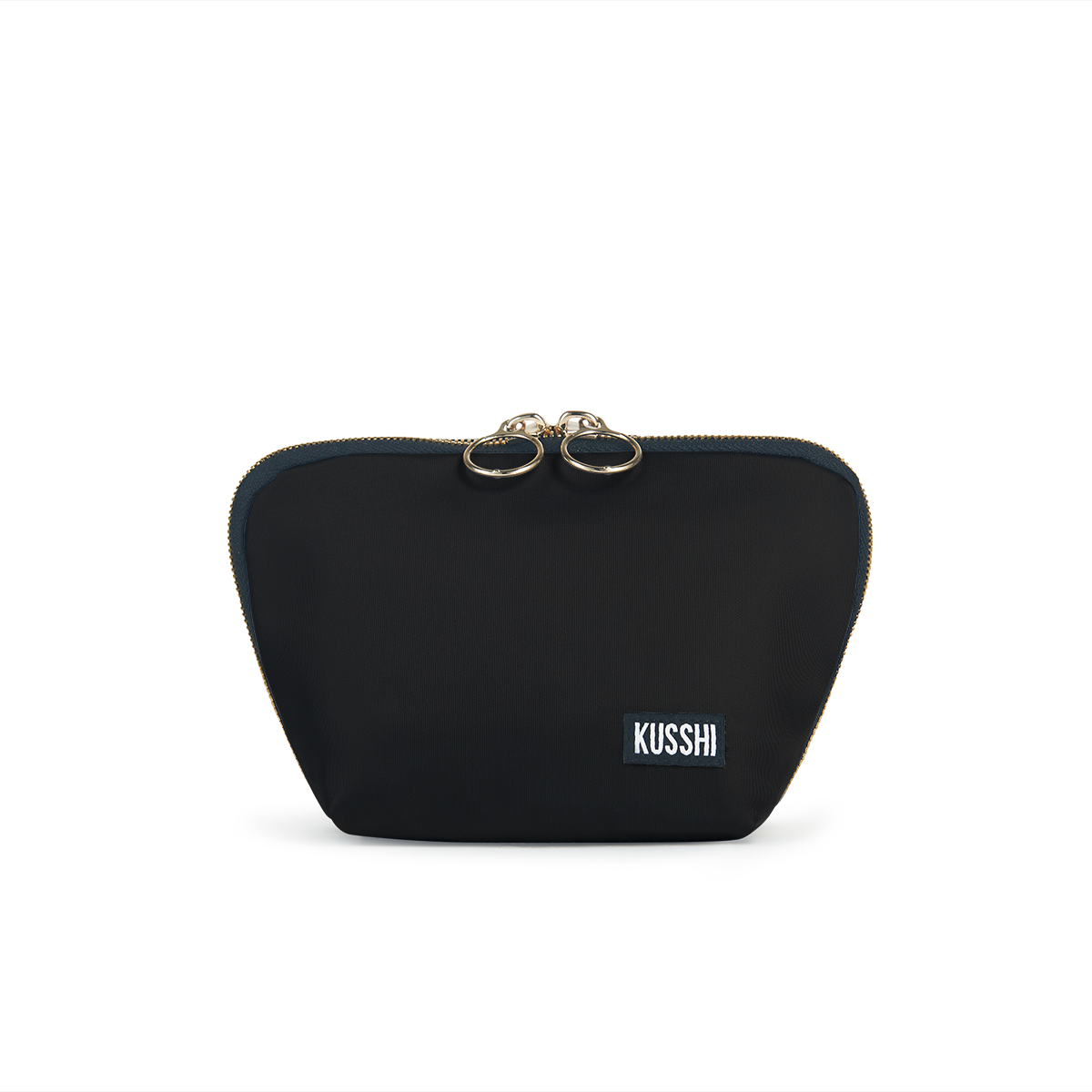 color: Satin Black Fabric with Cool Grey Interior; alt: Everyday Small Size Makeup Bag | KUSSHI