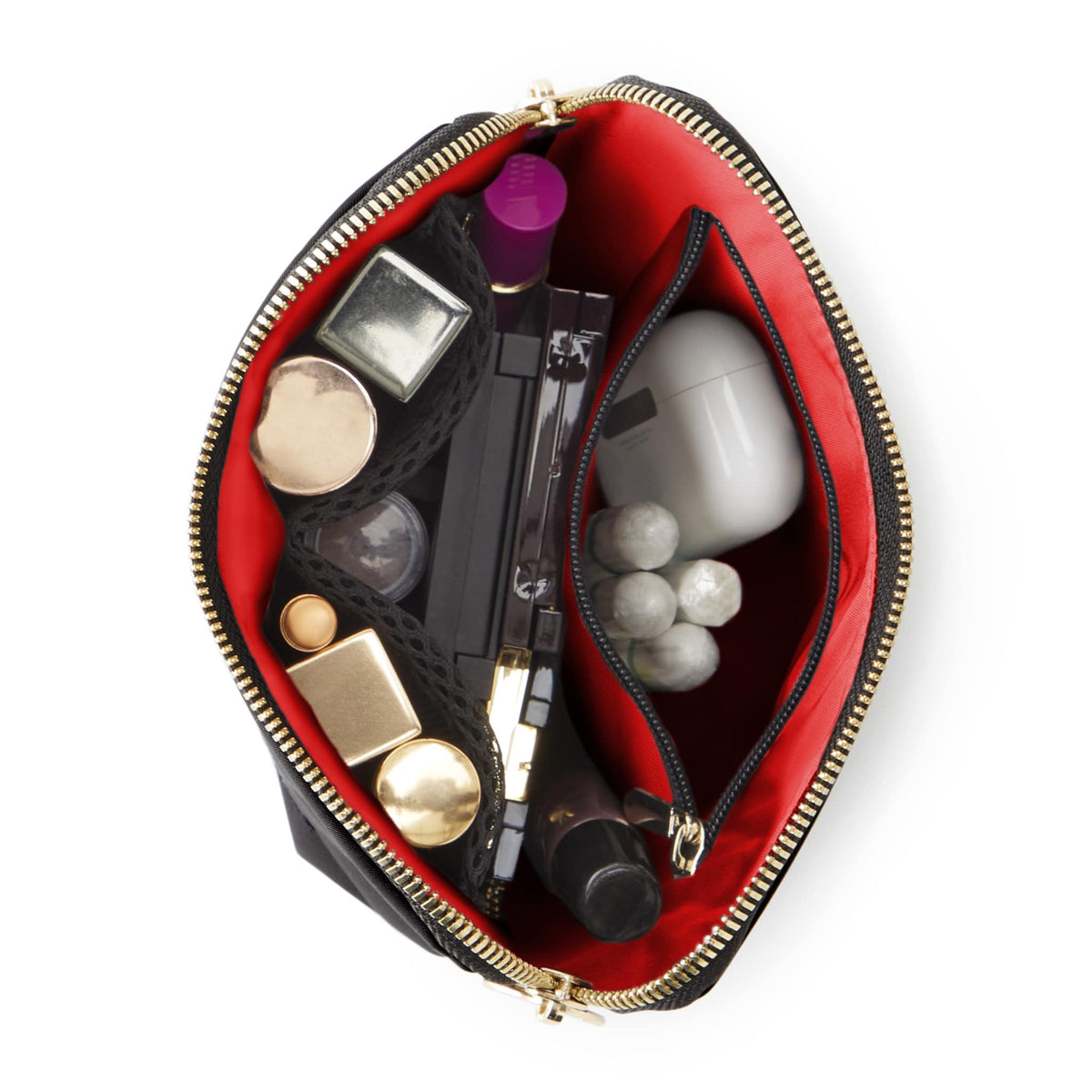 color: Satin Black Fabric with Red Interior; alt: Everyday Small Size Makeup Bag | KUSSHI