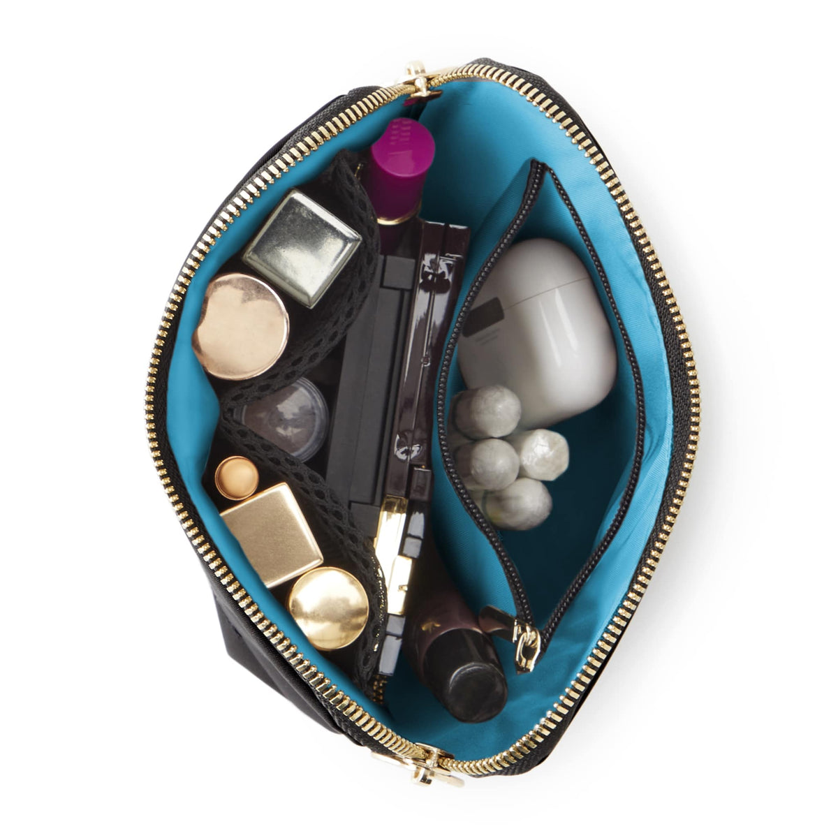 color: Satin Black Fabric with Teal Interior; alt: Everyday Small Size Makeup Bag | KUSSHI