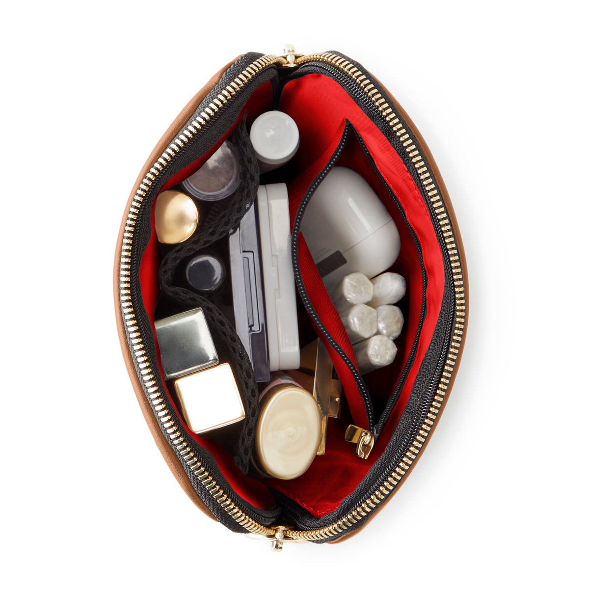 color: Luxurious Camel Leather with Red Interior; alt: Everyday Small Size Makeup Bag | KUSSHI