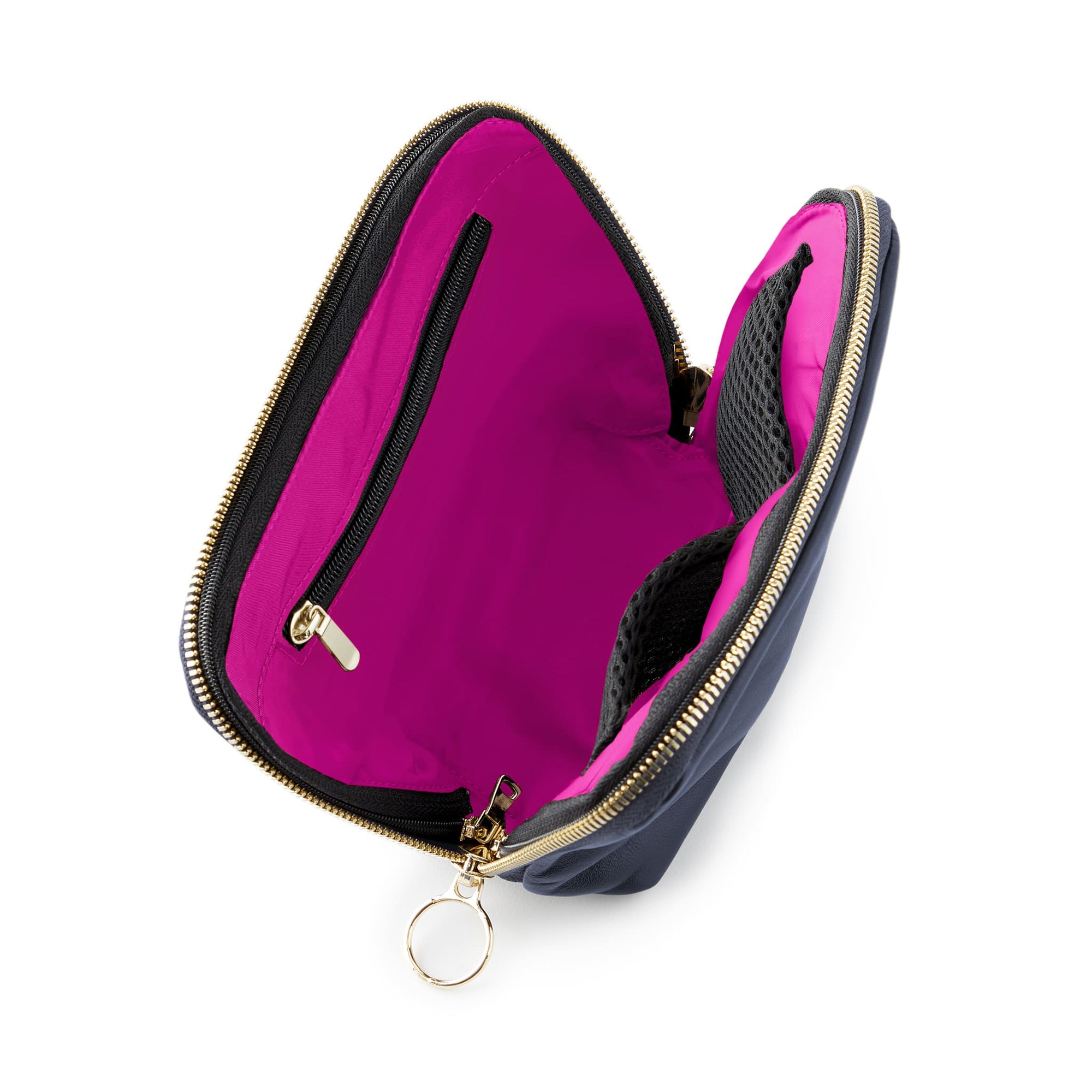 color: Luxurious Navy Leather with Pink Interior; alt: Everyday Small Size Makeup Bag | KUSSHI