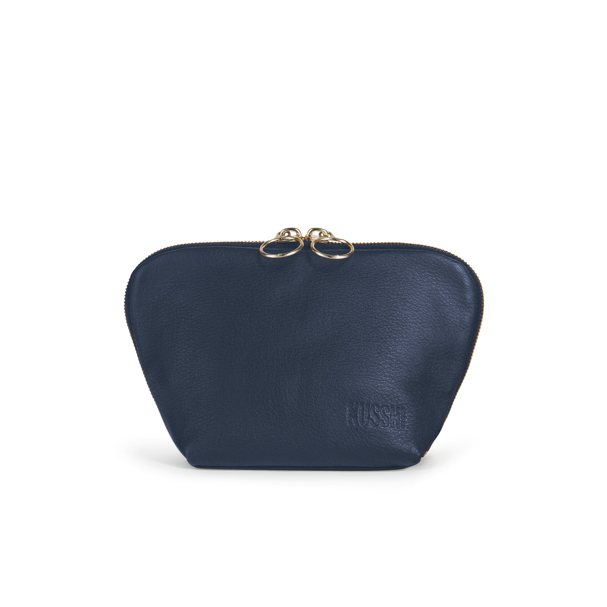 color: Luxurious Navy Leather with Pink Interior; alt: Everyday Small Size Makeup Bag | KUSSHI