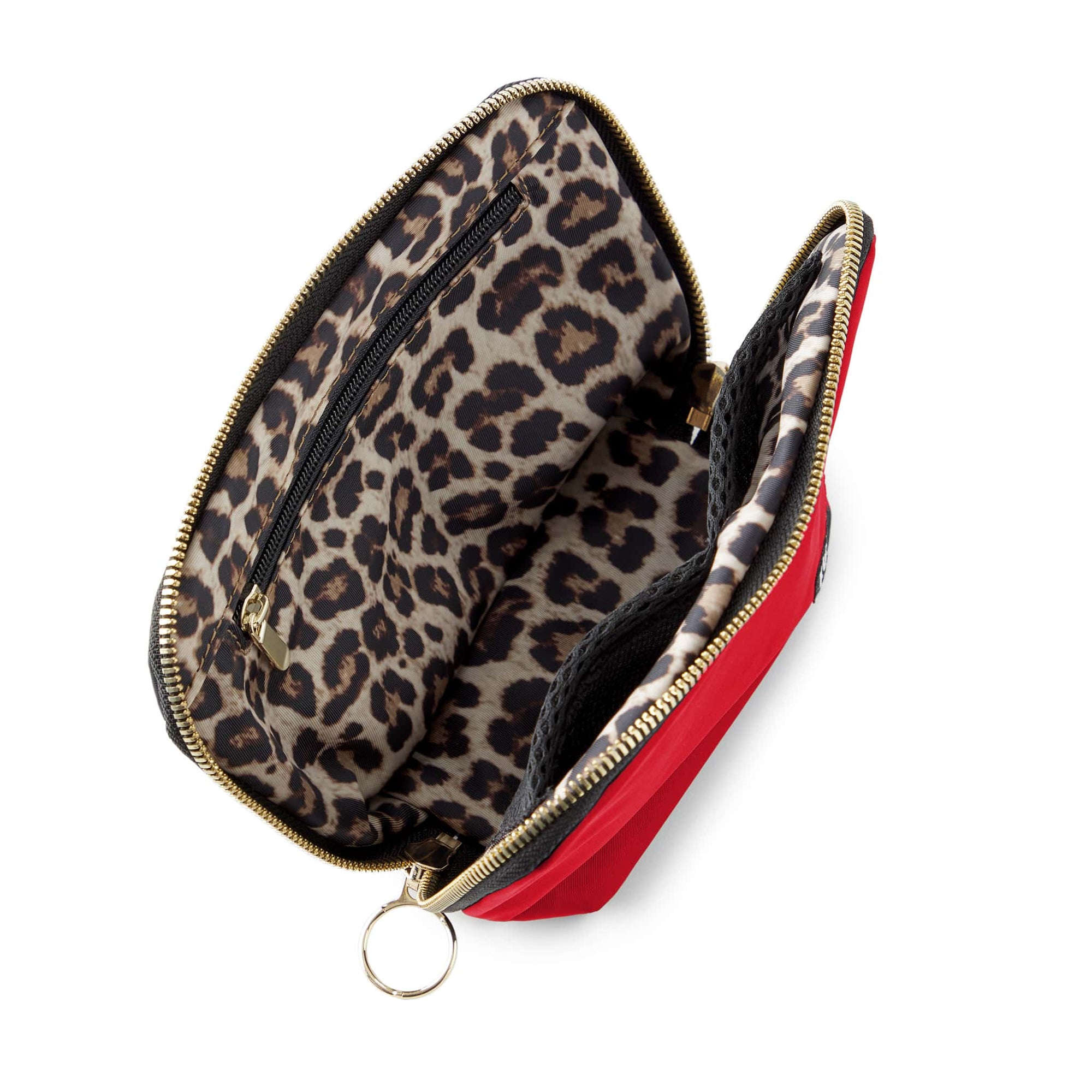 color: Candy Apple Red Fabric with Leopard Interior; alt: Everyday Small Size Makeup Bag | KUSSHI
