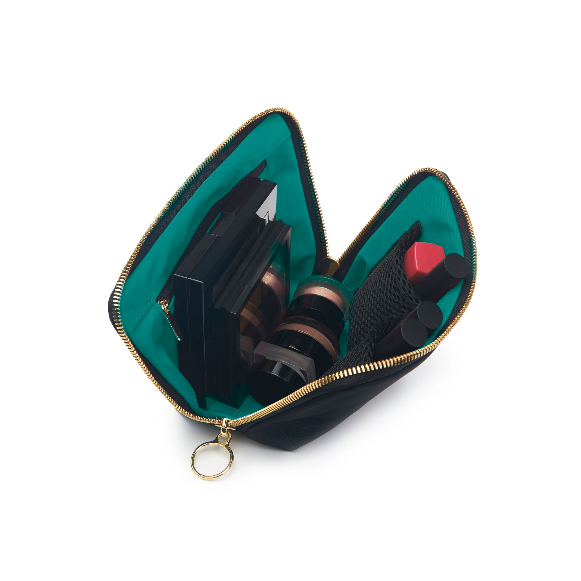color: Everyday+Satin Black Fabric with Emerald Green Interior; alt: Everyday Small Makeup Bag | KUSSHI